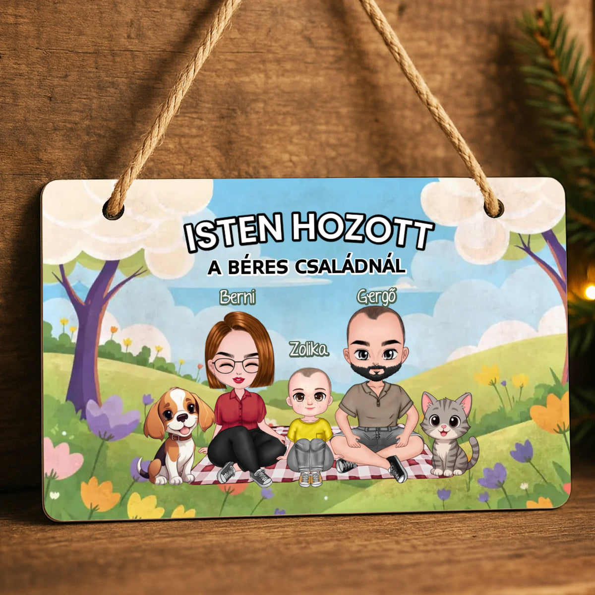 Személyre szabható tavaszi fali dekor tábla - egyedi családi ajándék akár 3 gyerekkel és kisálattal