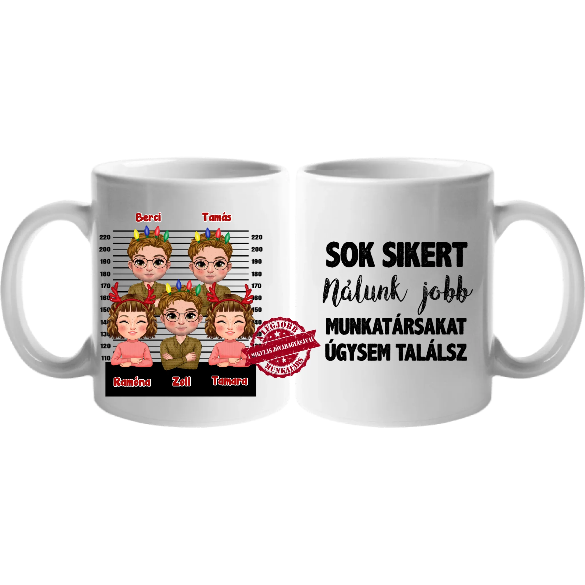 Egyedi karácsonyi ajándék bögre munkatársaknak választható karakterekkel - több személlyel