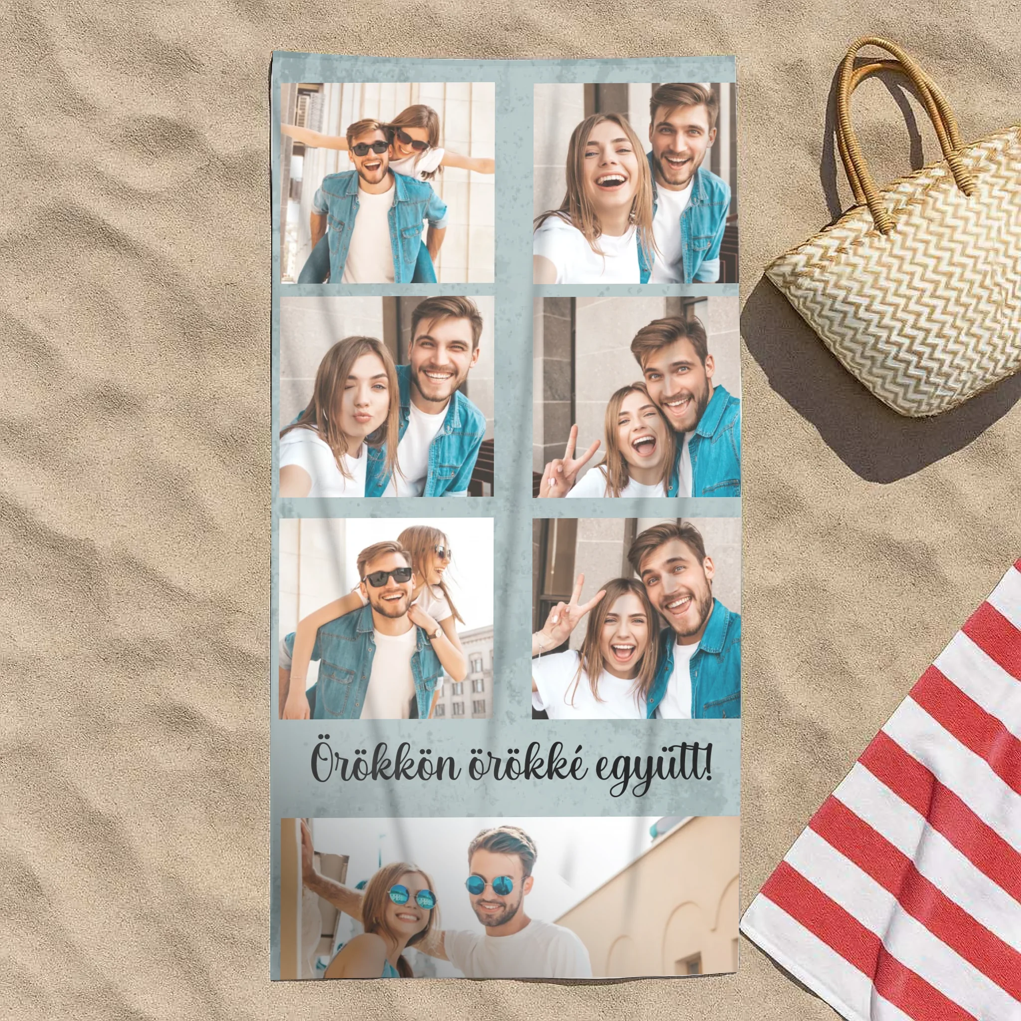 Egyedi 7 képes strandtörölköző szerkeszthető felirattal
