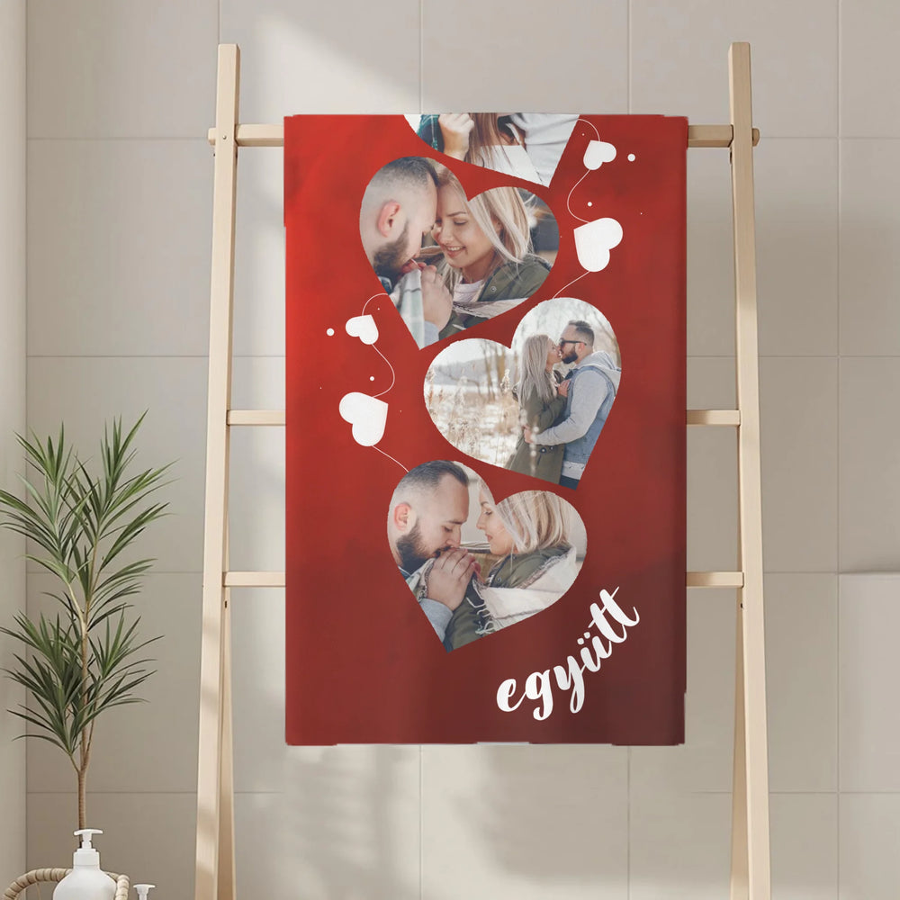 Egyedi képes szivecskés törölköző szerkeszthető felirattal pároknak