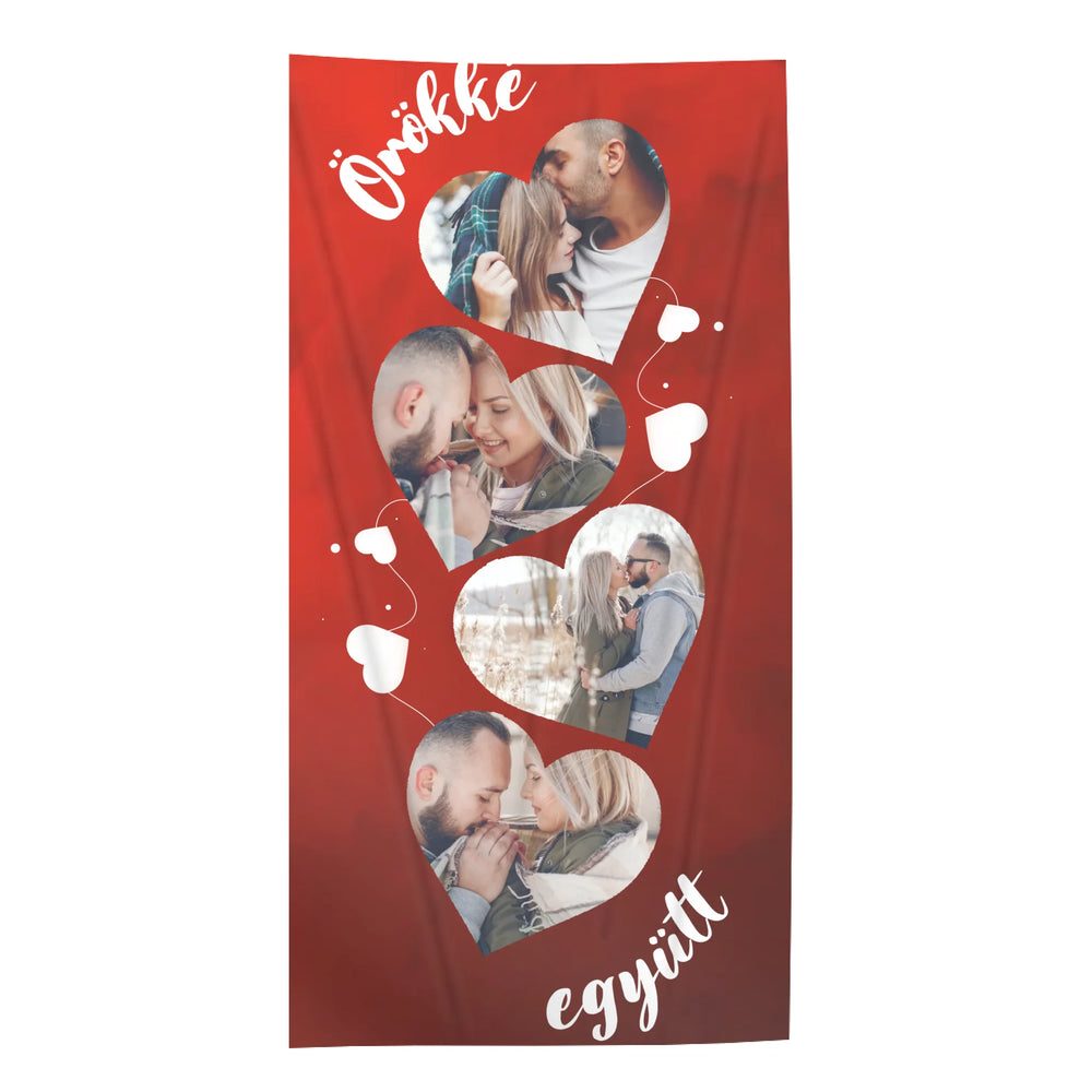 Egyedi képes szivecskés törölköző szerkeszthető felirattal pároknak