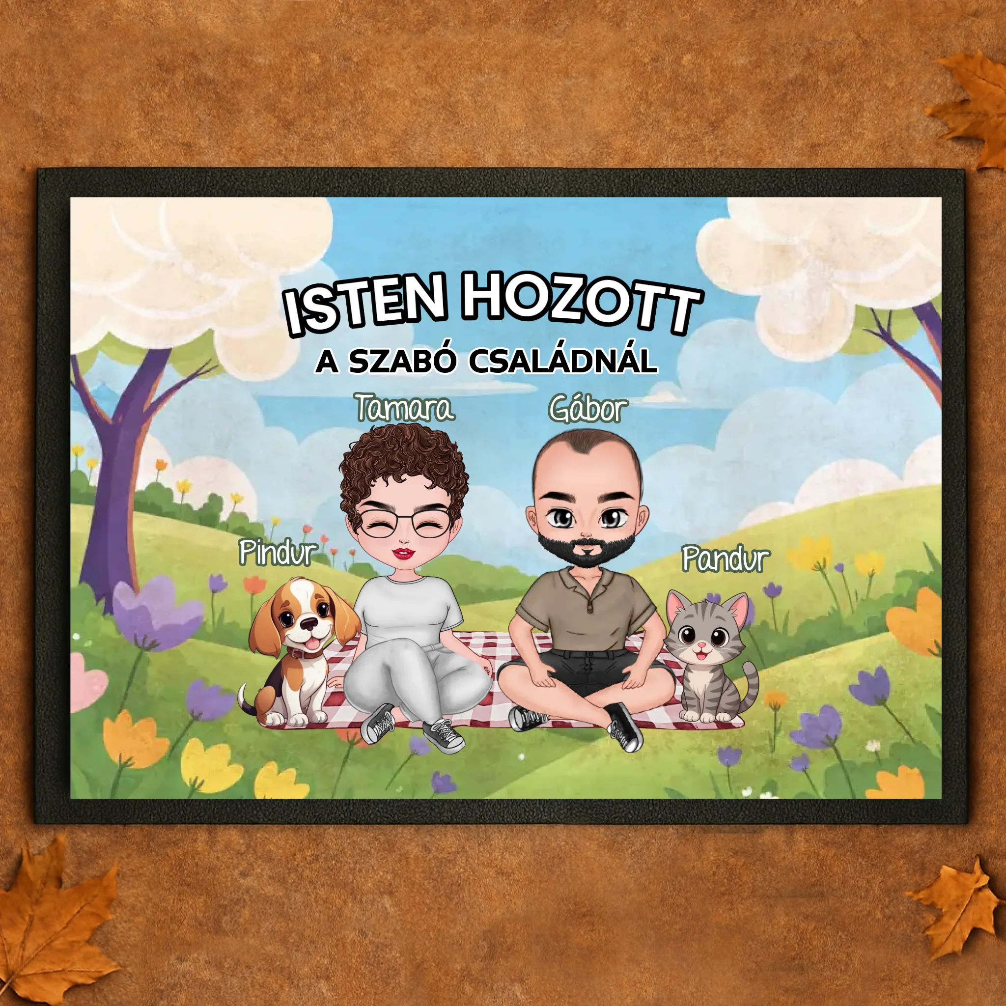 Személyre szabható tavaszi lábtörlő - egyedi ajándék pároknak akár 4 kisálattal