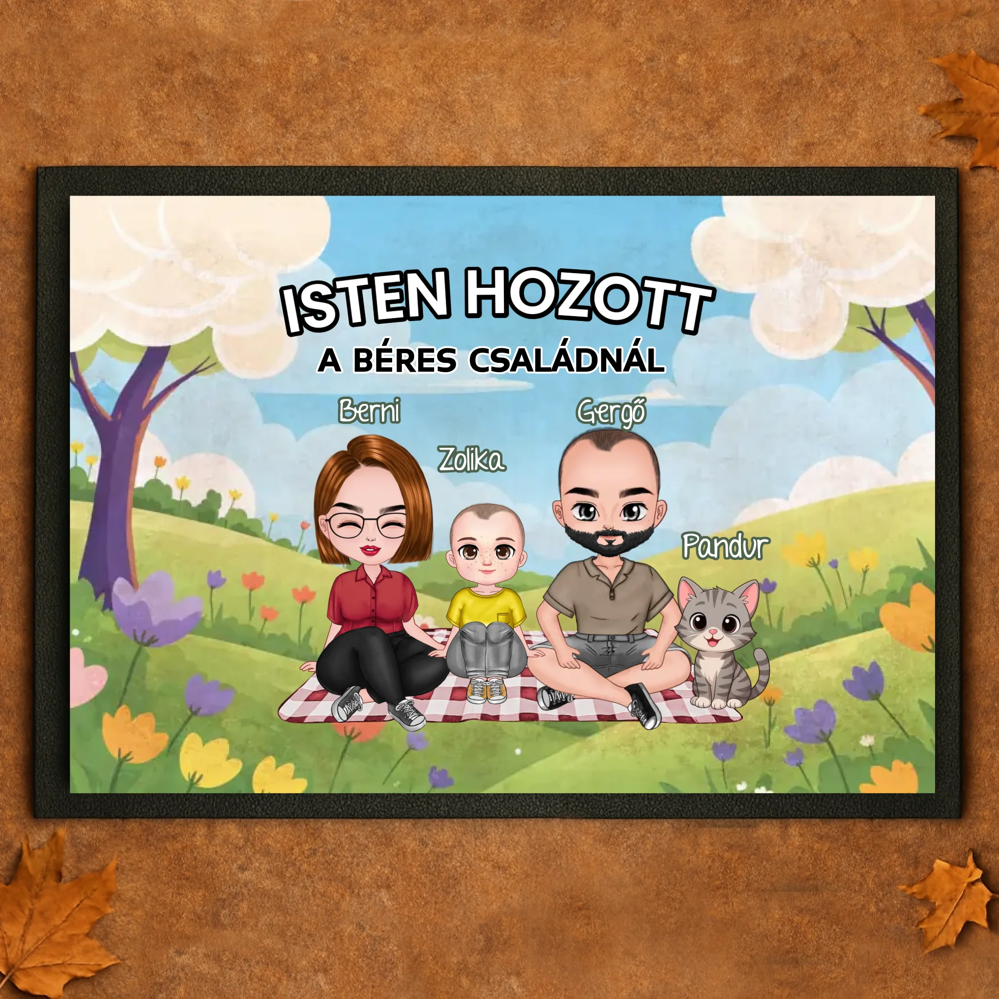 Személyre szabható tavaszi lábtörlő - egyedi családi ajándék akár 4 kisálattal