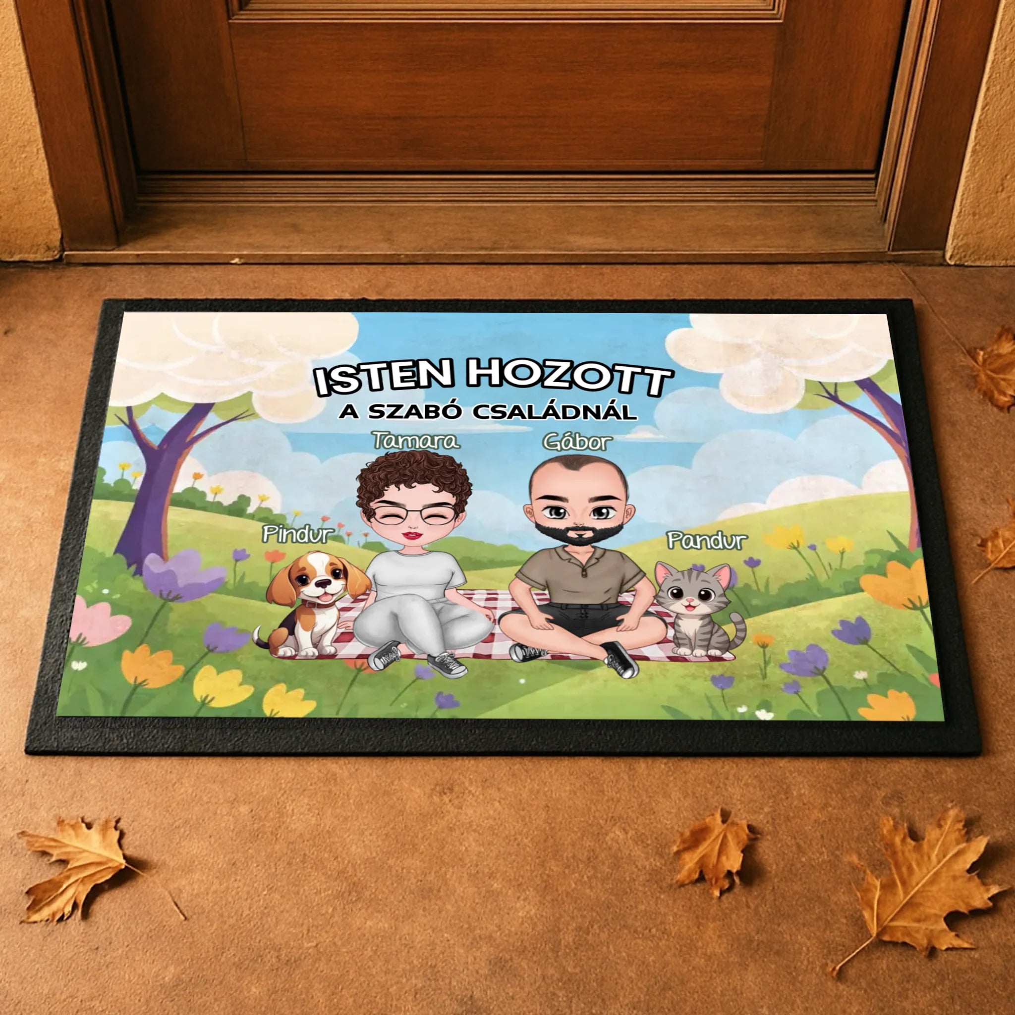 Személyre szabható tavaszi lábtörlő - egyedi ajándék pároknak akár 4 kisálattal