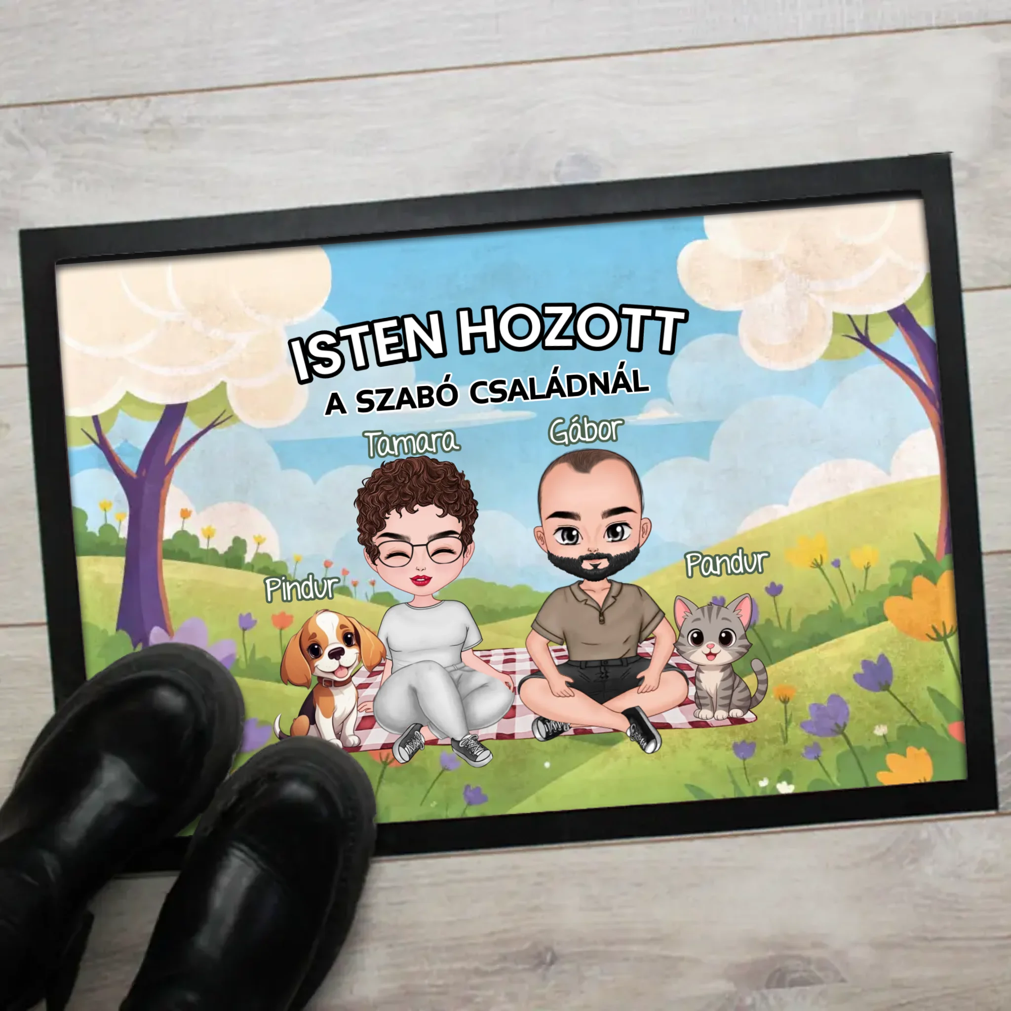 Személyre szabható tavaszi lábtörlő - egyedi ajándék pároknak akár 4 kisálattal