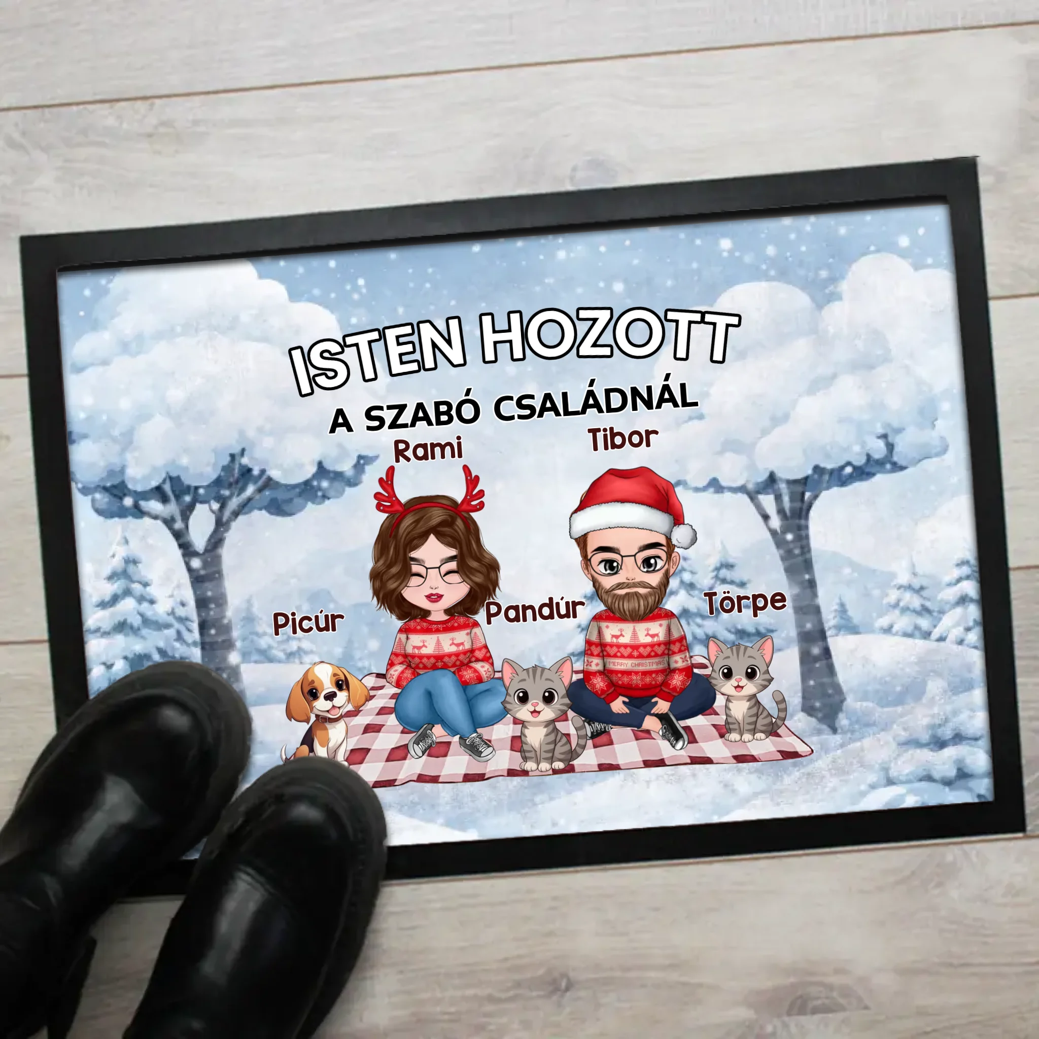 Személyre szabható téli lábtörlő - egyedi családi ajándék pároknak akár 4 kisálattal