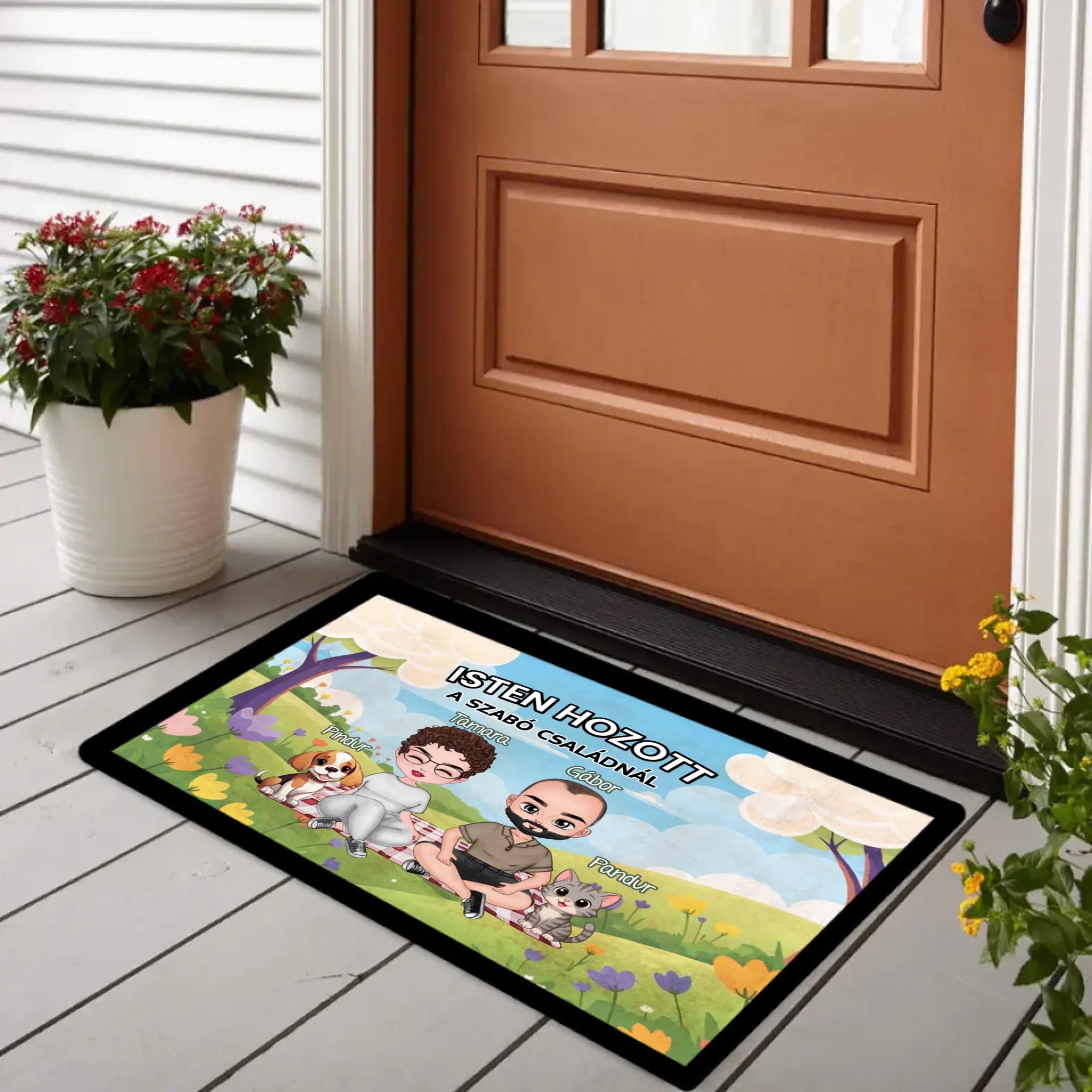 Személyre szabható tavaszi lábtörlő - egyedi ajándék pároknak akár 4 kisálattal