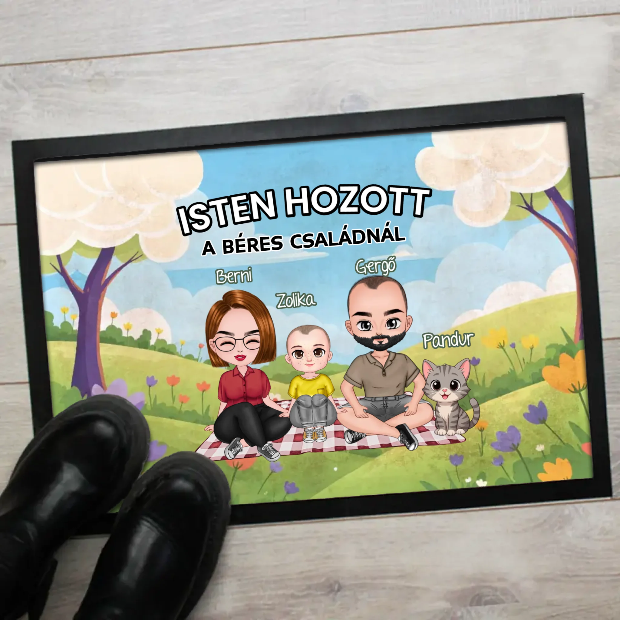 Személyre szabható tavaszi lábtörlő - egyedi családi ajándék akár 4 kisálattal