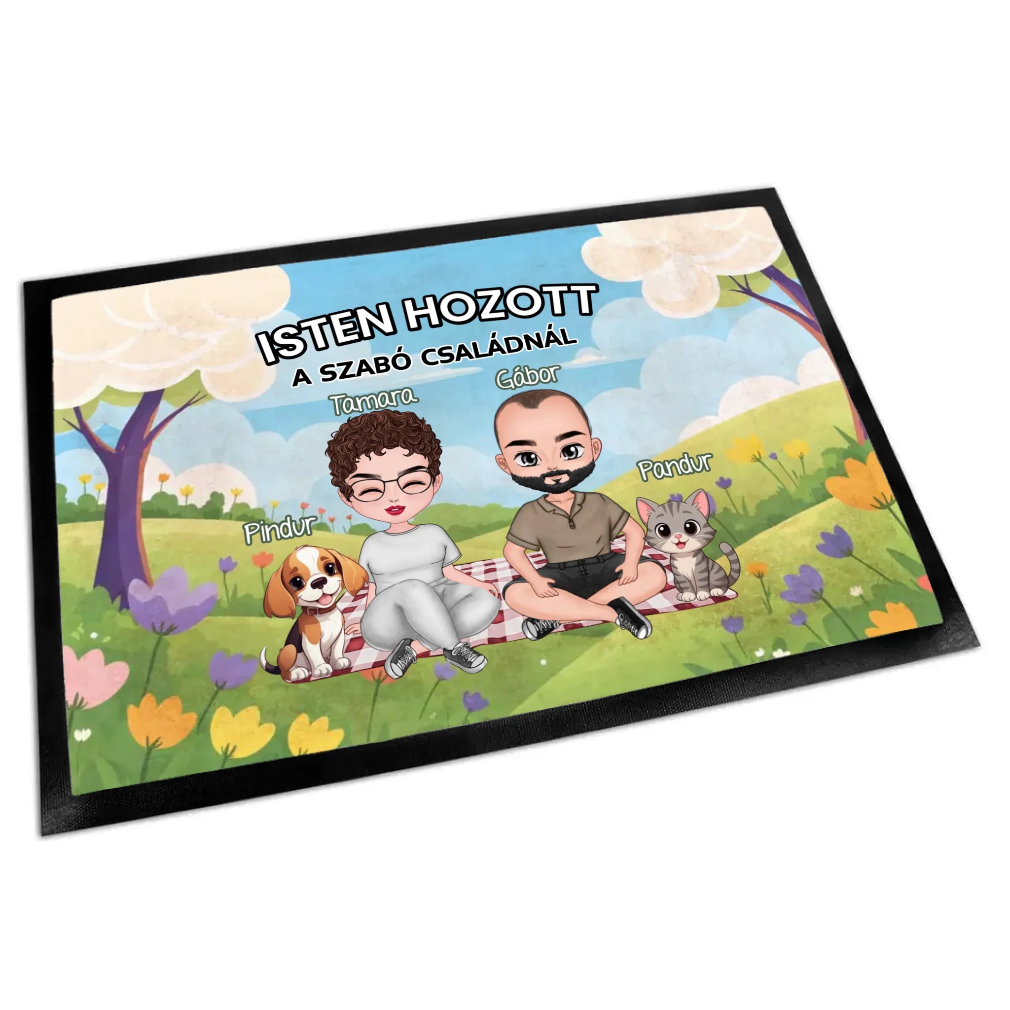 Személyre szabható tavaszi lábtörlő - egyedi ajándék pároknak akár 4 kisálattal