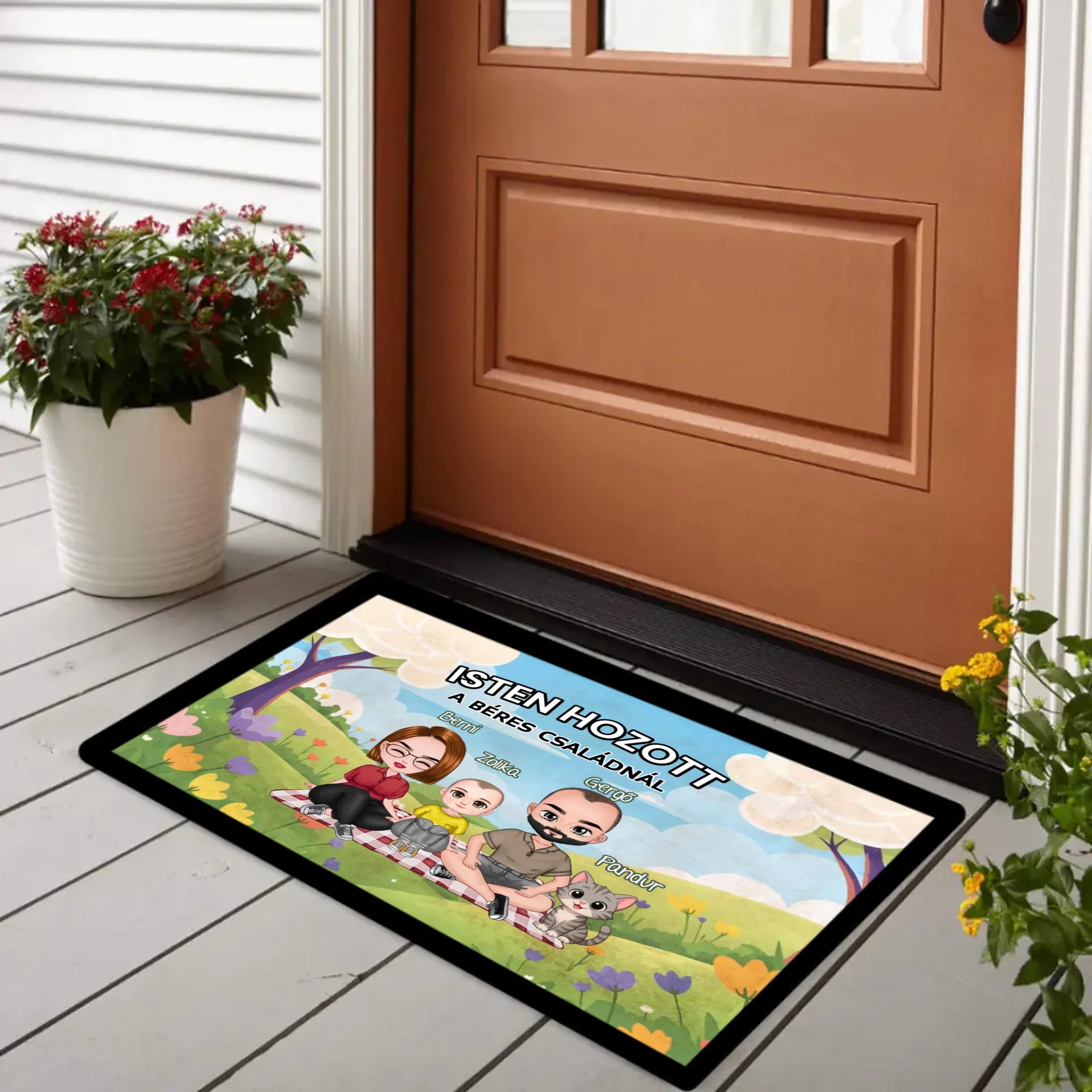 Személyre szabható tavaszi lábtörlő - egyedi családi ajándék akár 4 kisálattal