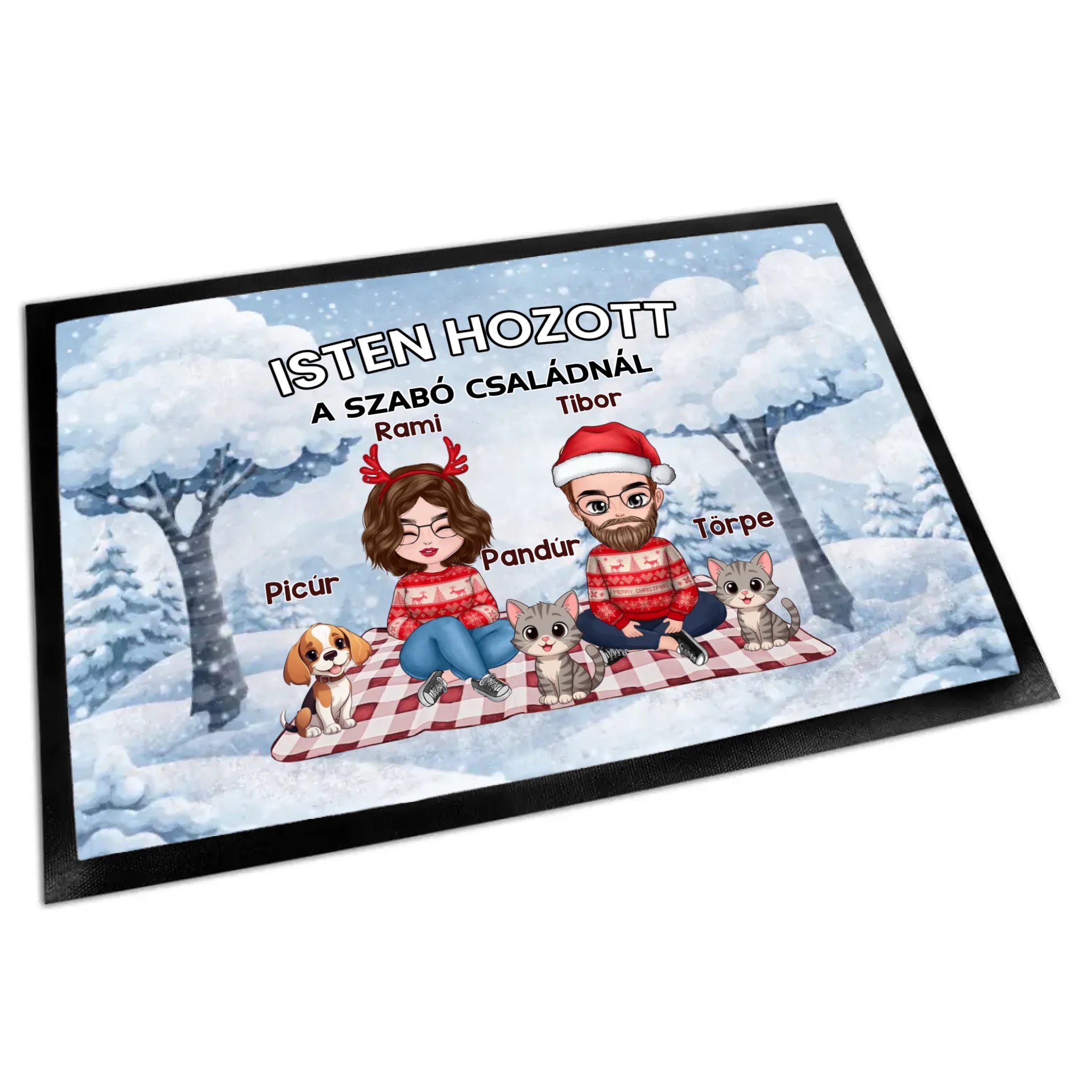 Személyre szabható téli lábtörlő - egyedi családi ajándék pároknak akár 4 kisálattal