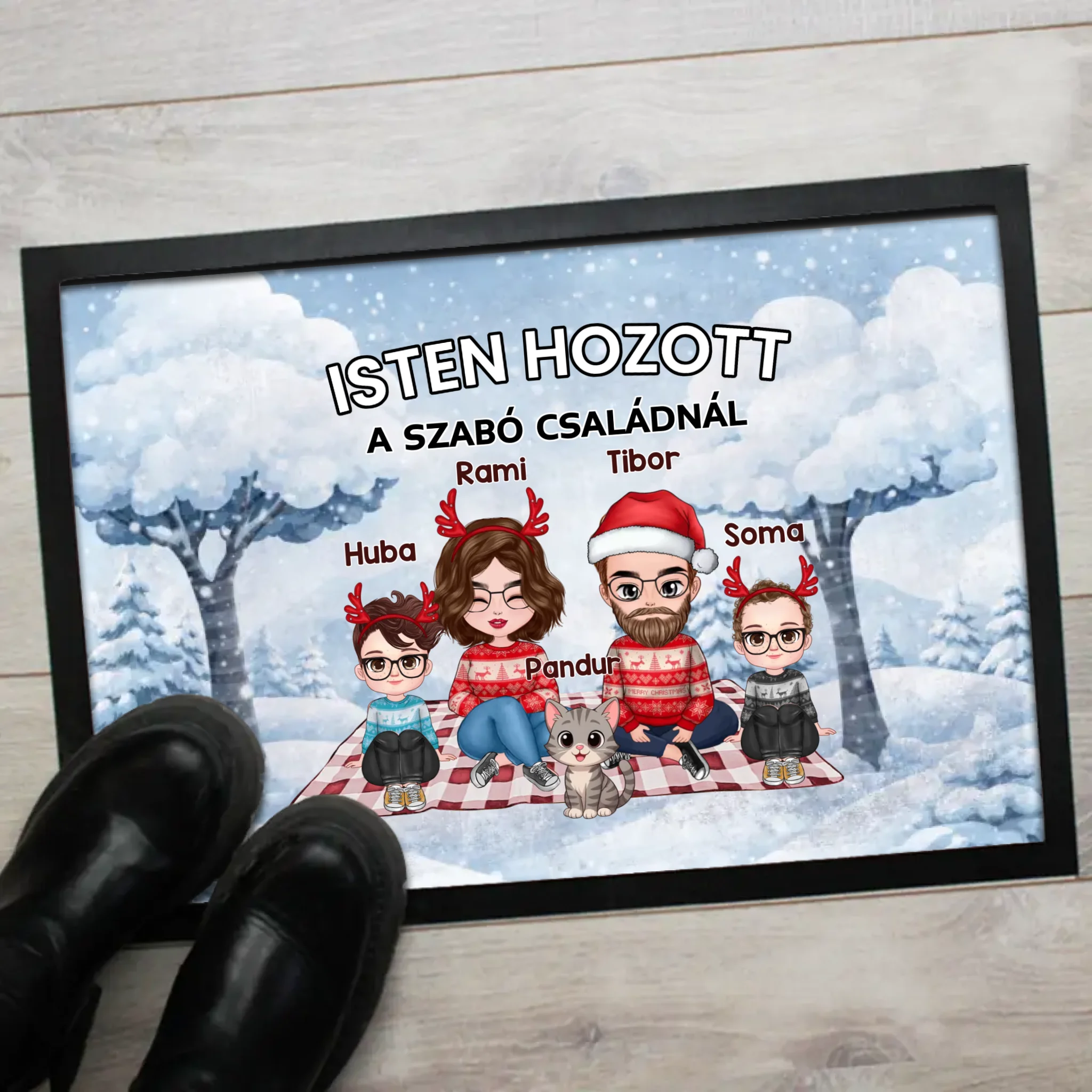 Személyre szabható téli lábtörlő - egyedi családi ajándék akár 4 kisálattal