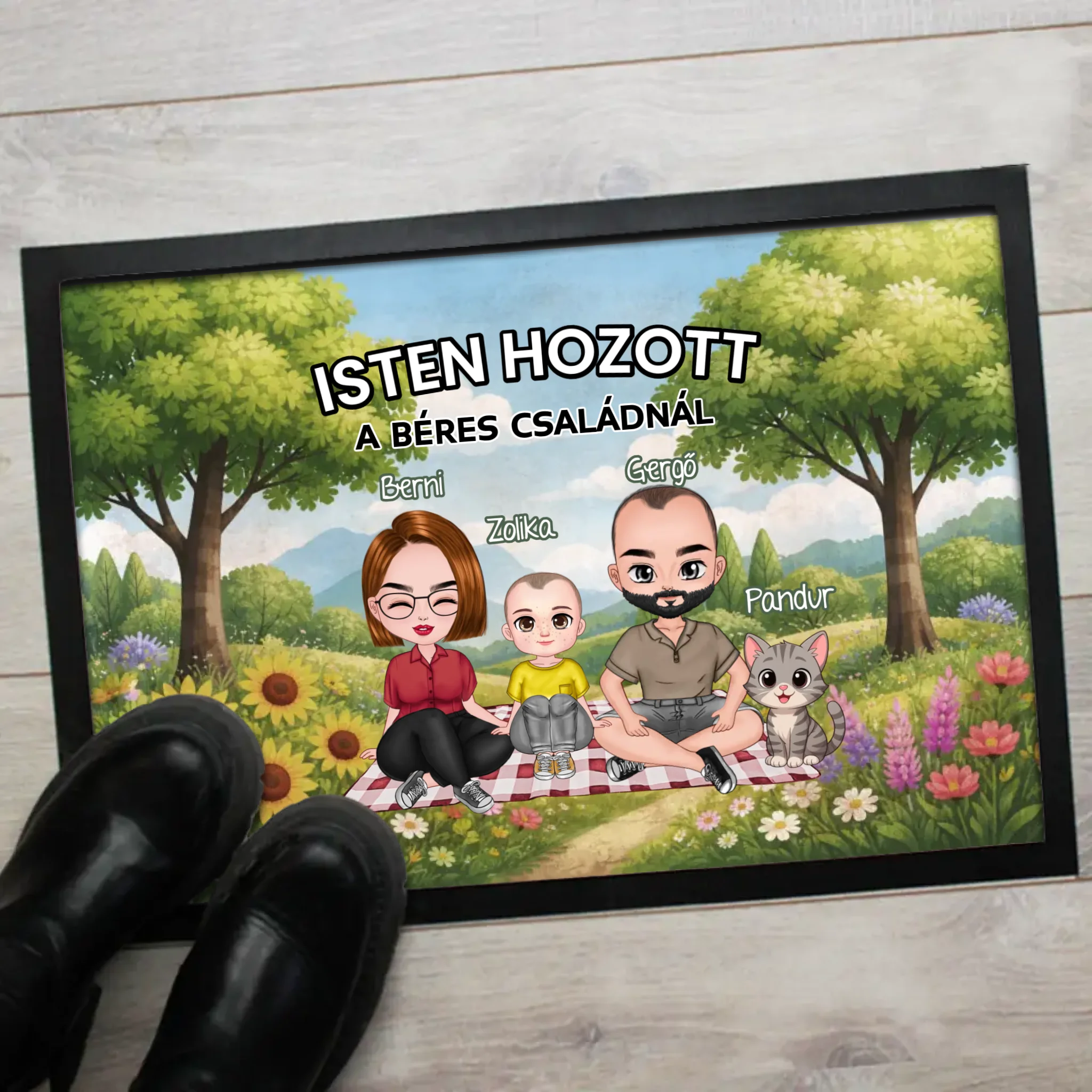 Személyre szabható nyári lábtörlő - egyedi családi ajándék akár 4 kisálattal