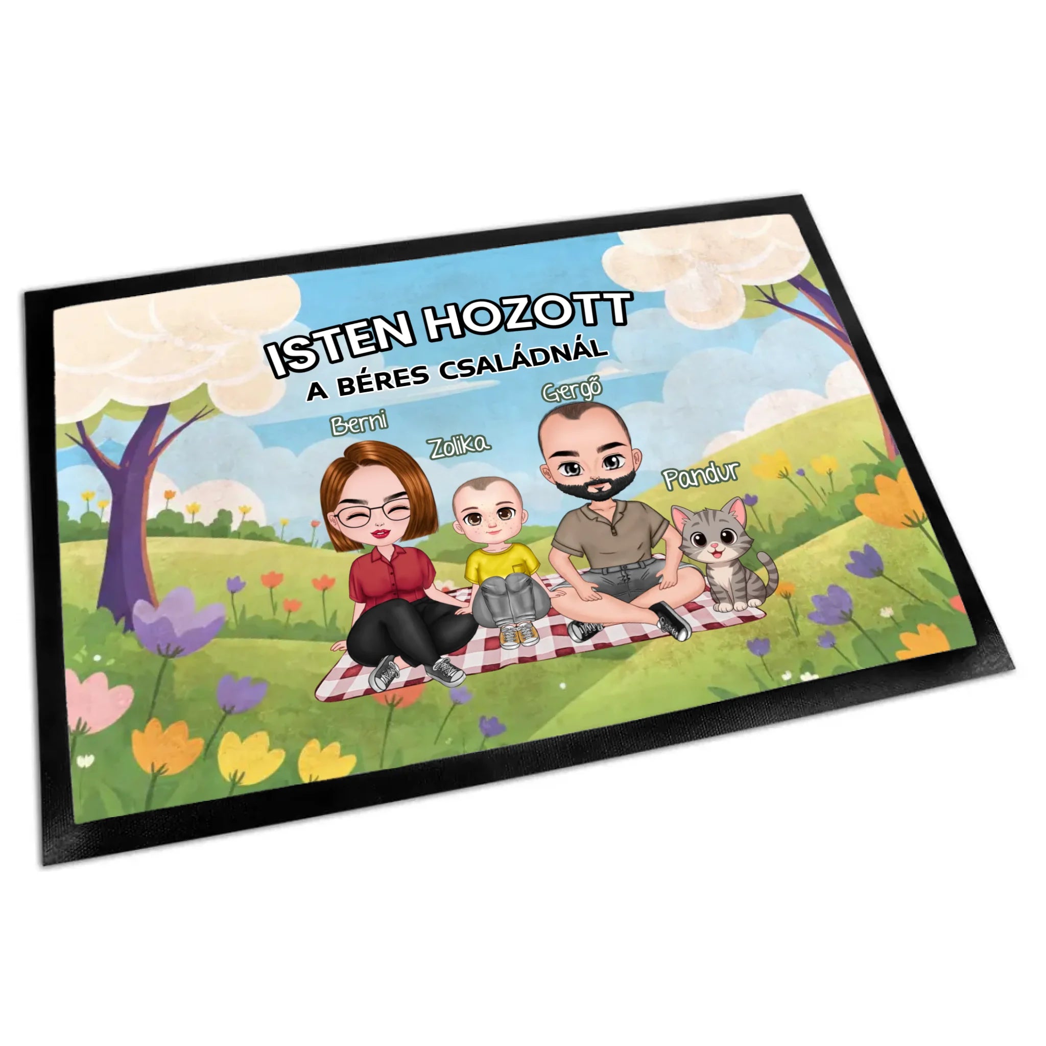 Személyre szabható tavaszi lábtörlő - egyedi családi ajándék akár 4 kisálattal