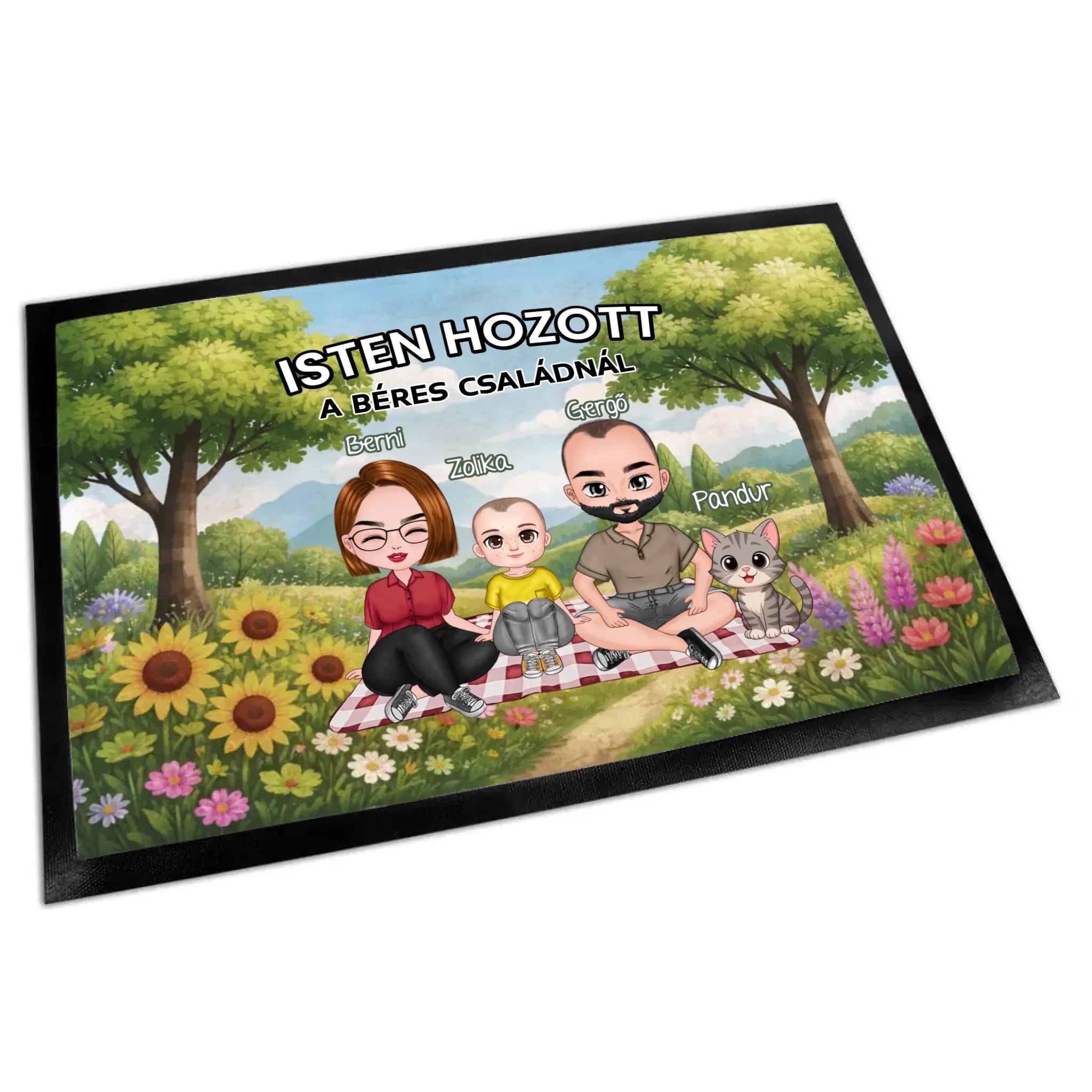 Személyre szabható nyári lábtörlő - egyedi családi ajándék akár 2 kisálattal