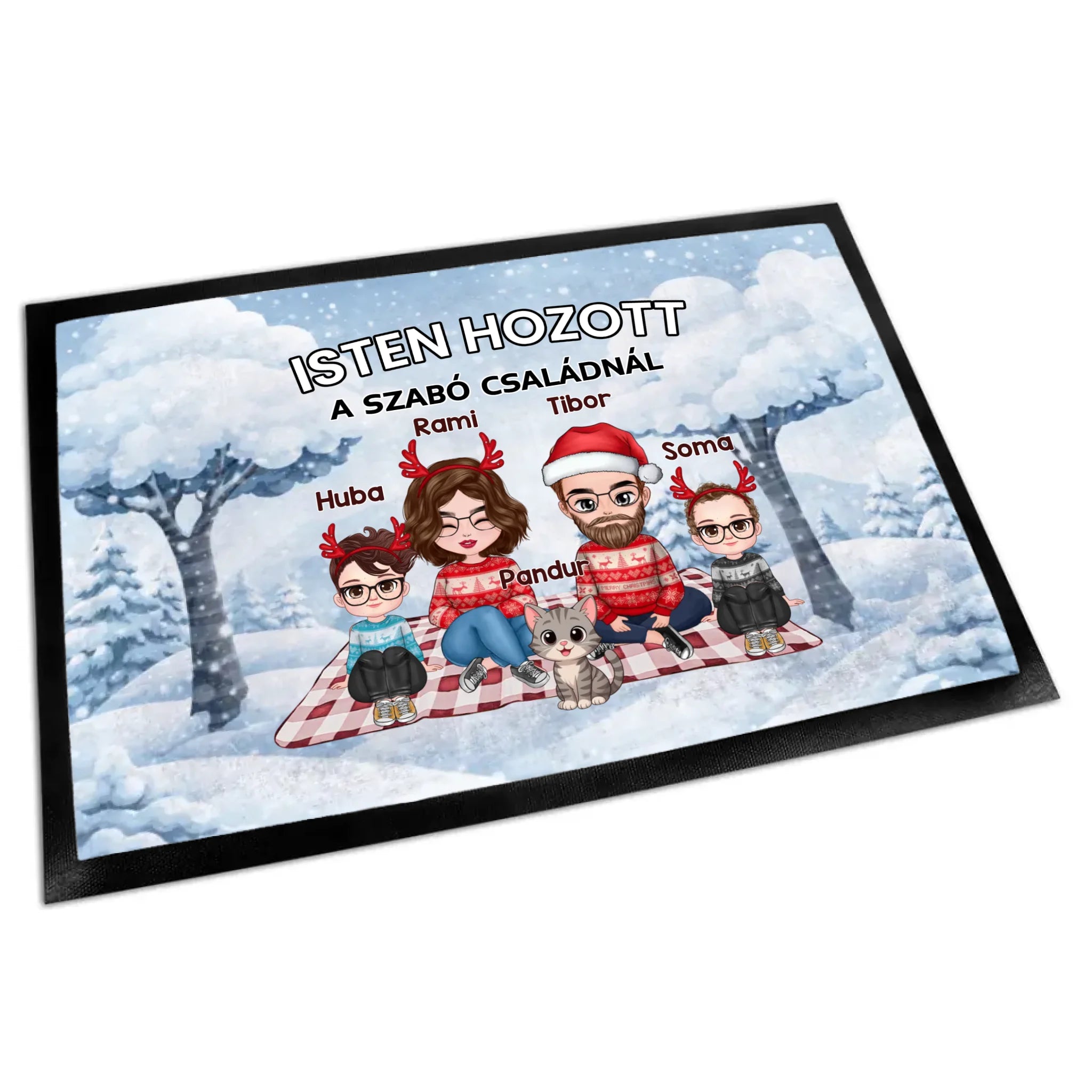 Személyre szabható téli lábtörlő - egyedi családi ajándék akár 4 kisálattal