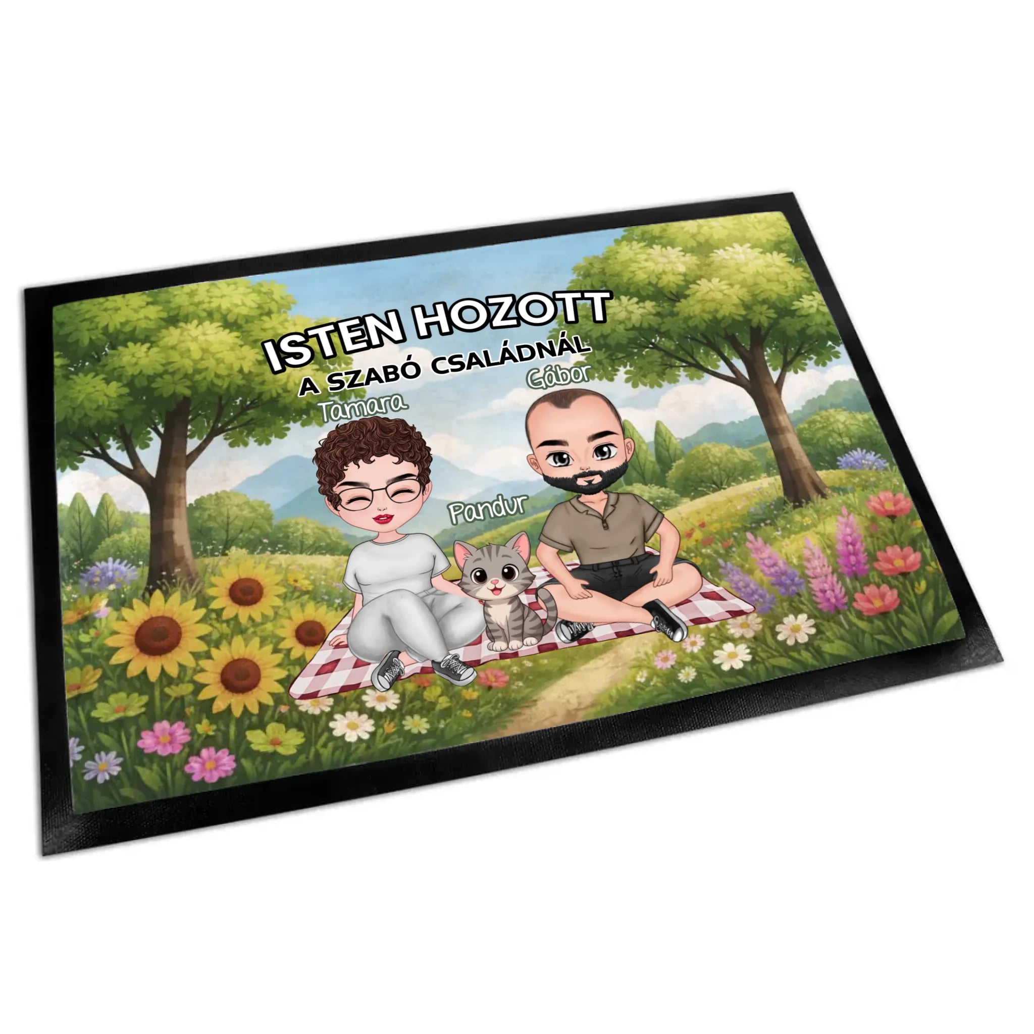 Személyre szabható nyári lábtörlő - egyedi családi ajándék pároknak akár 4 kisálattal