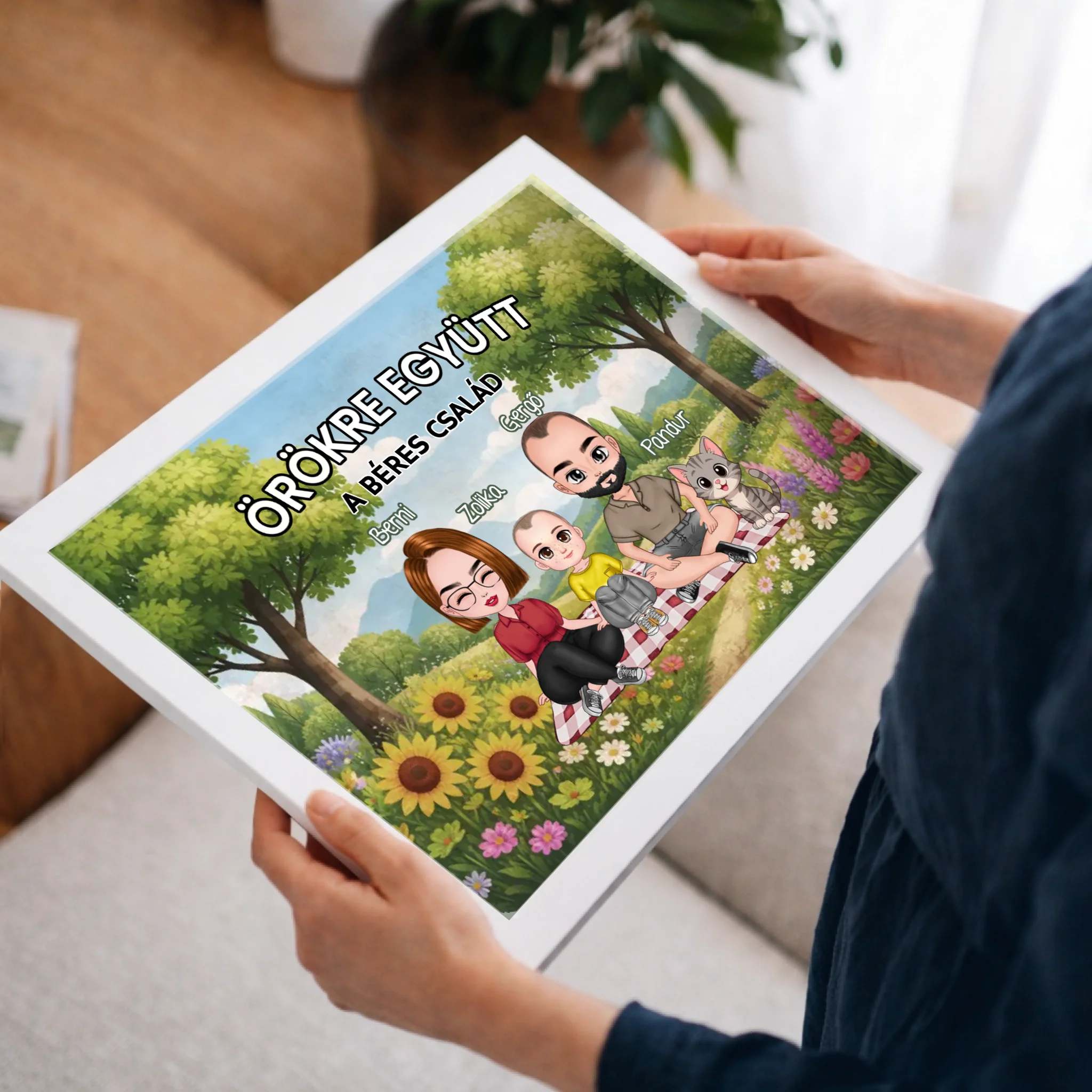 Személyre szabható cuki karakteres családi falikép gyerekekkel, akár 4 kisálattal