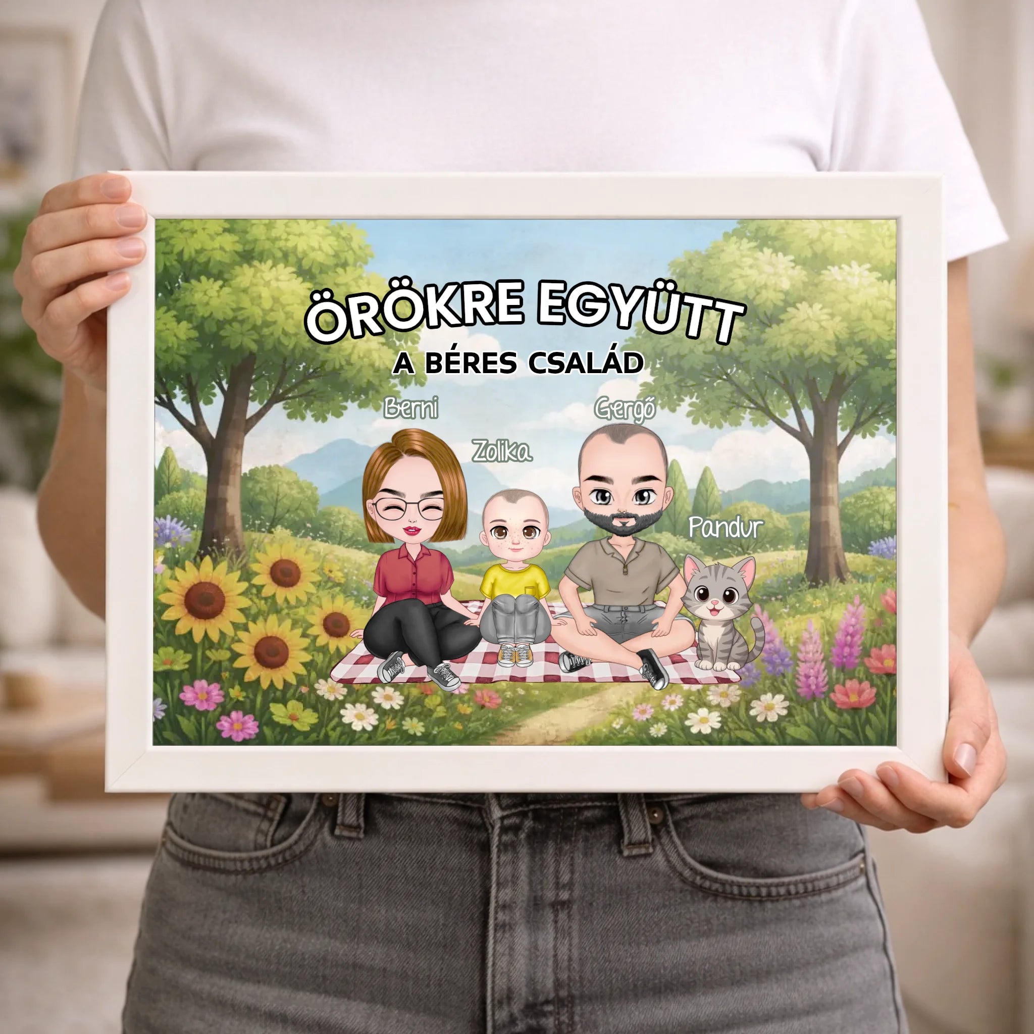 Személyre szabható cuki karakteres családi falikép gyerekekkel, akár 4 kisálattal