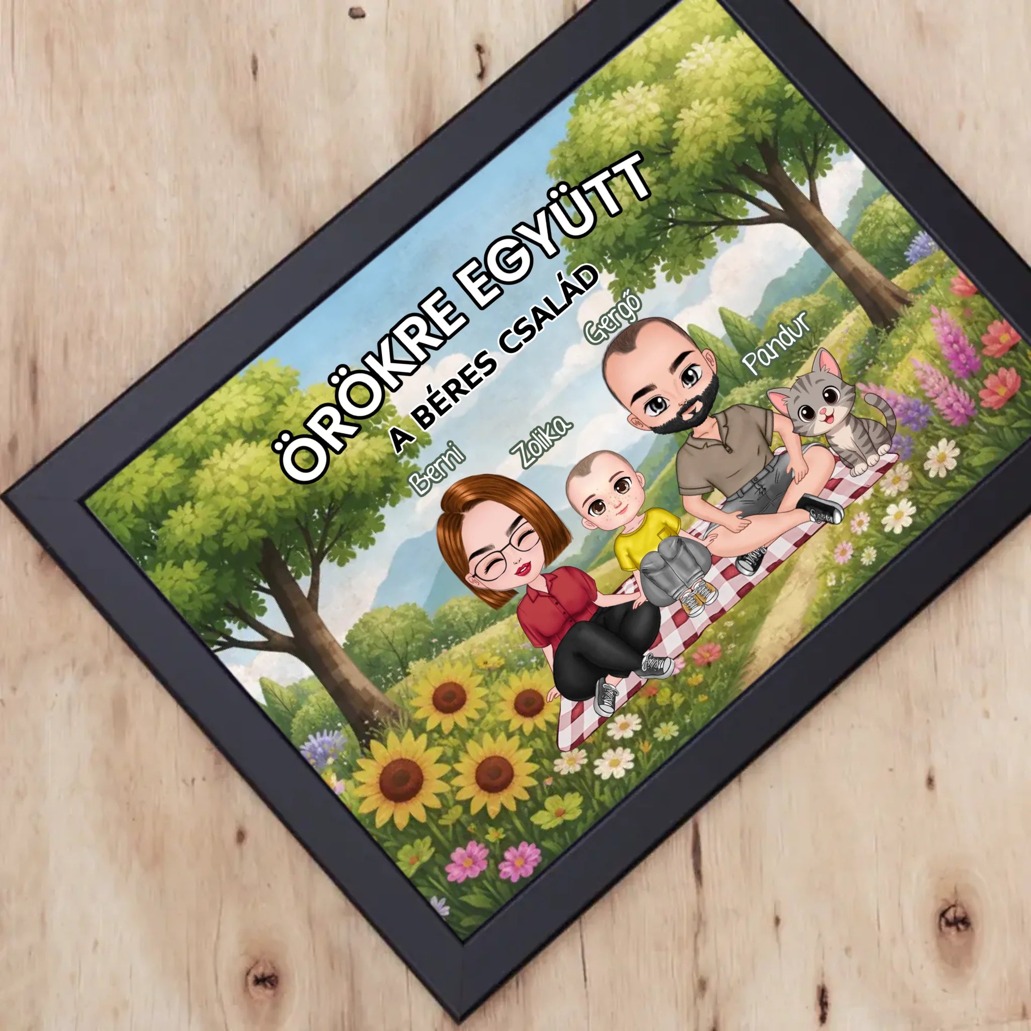 Személyre szabható cuki karakteres családi falikép gyerekekkel, akár 4 kisálattal