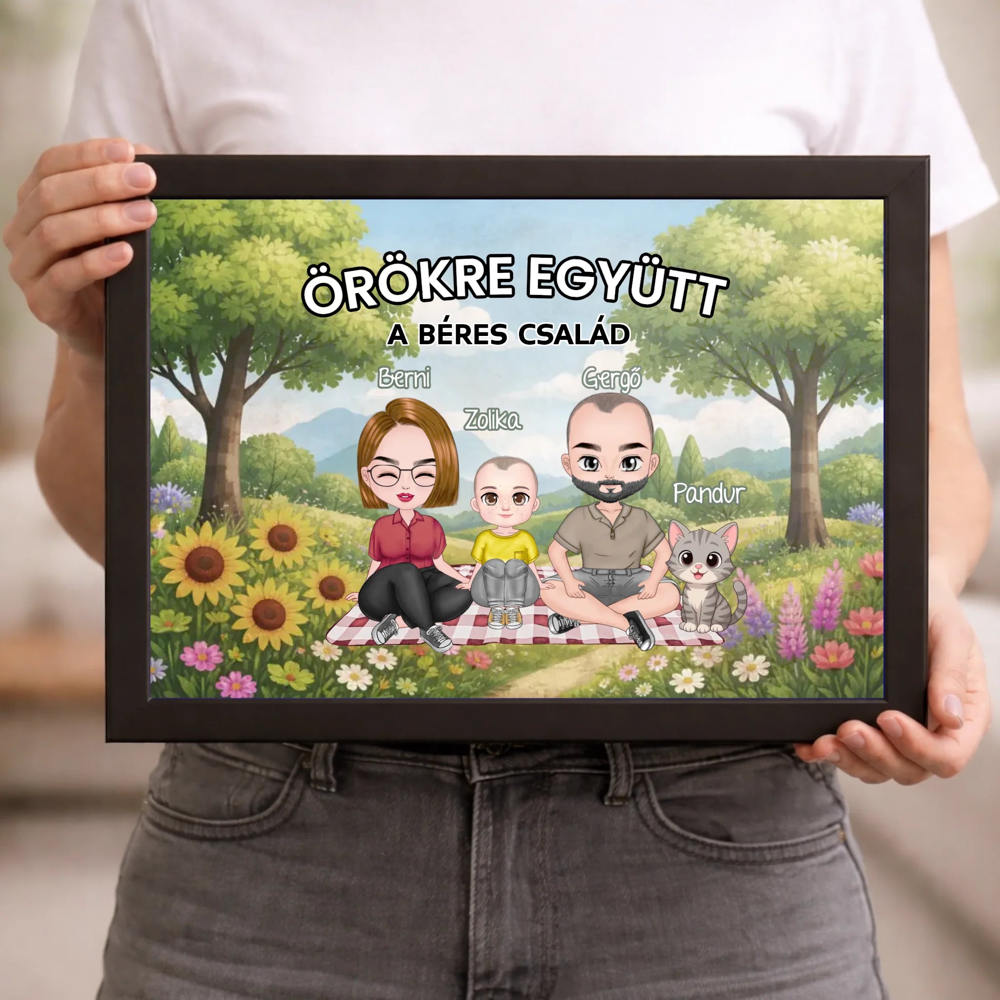 Személyre szabható cuki karakteres családi falikép gyerekekkel, akár 4 kisálattal