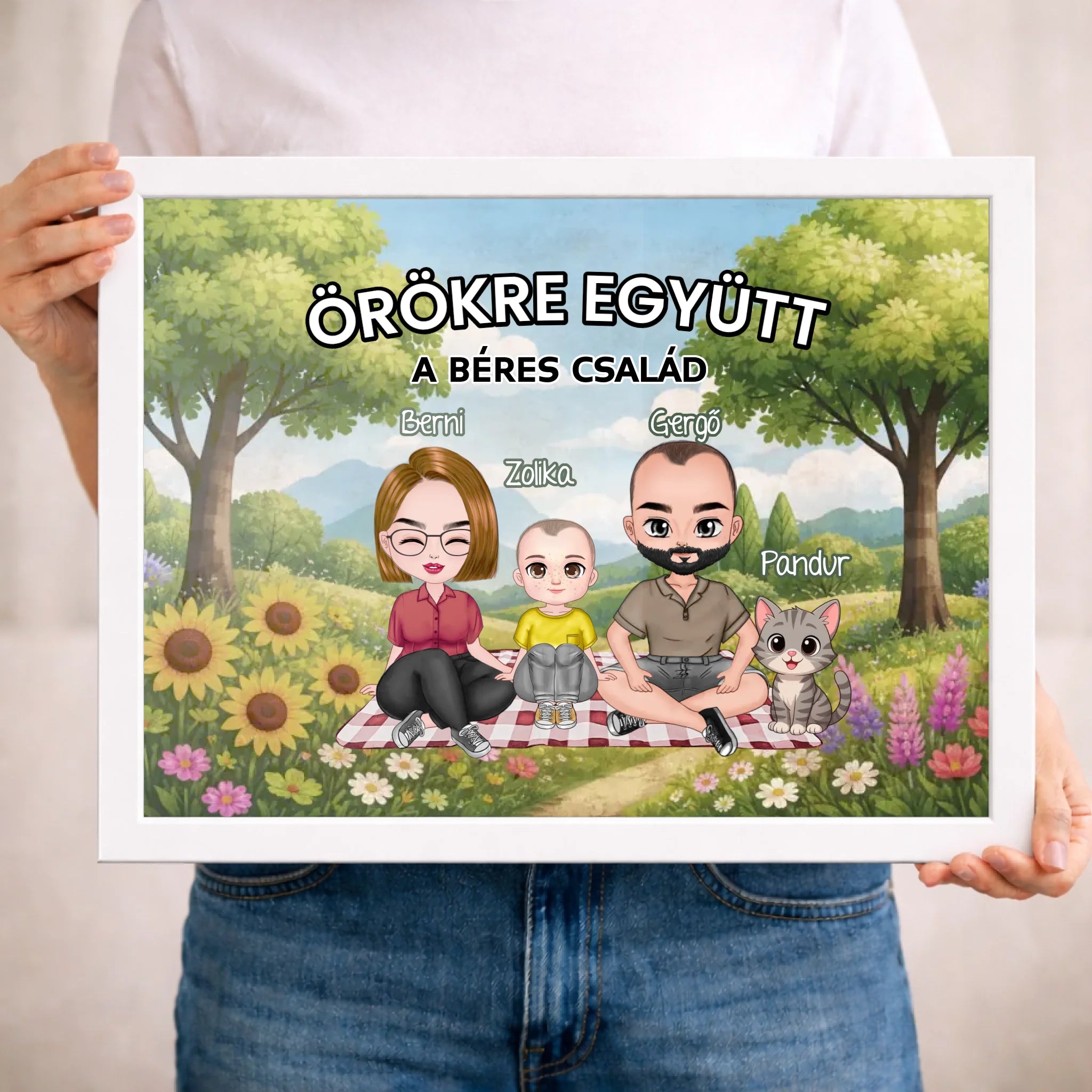 Személyre szabható cuki karakteres családi falikép gyerekekkel, akár 4 kisálattal