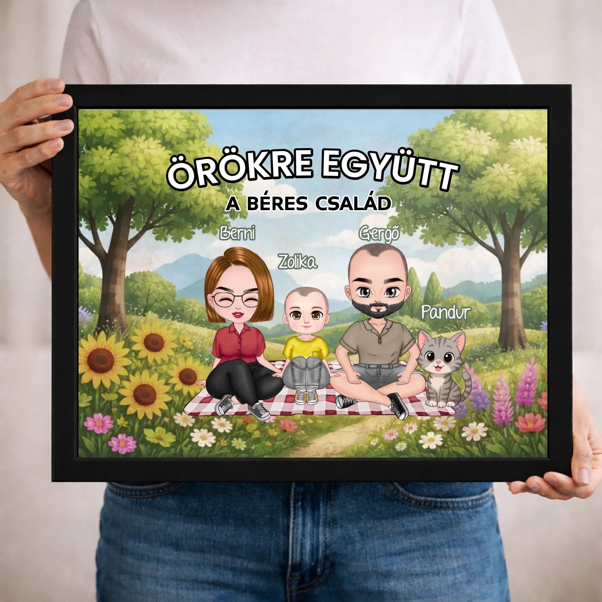 Személyre szabható cuki karakteres családi falikép gyerekekkel, akár 4 kisálattal