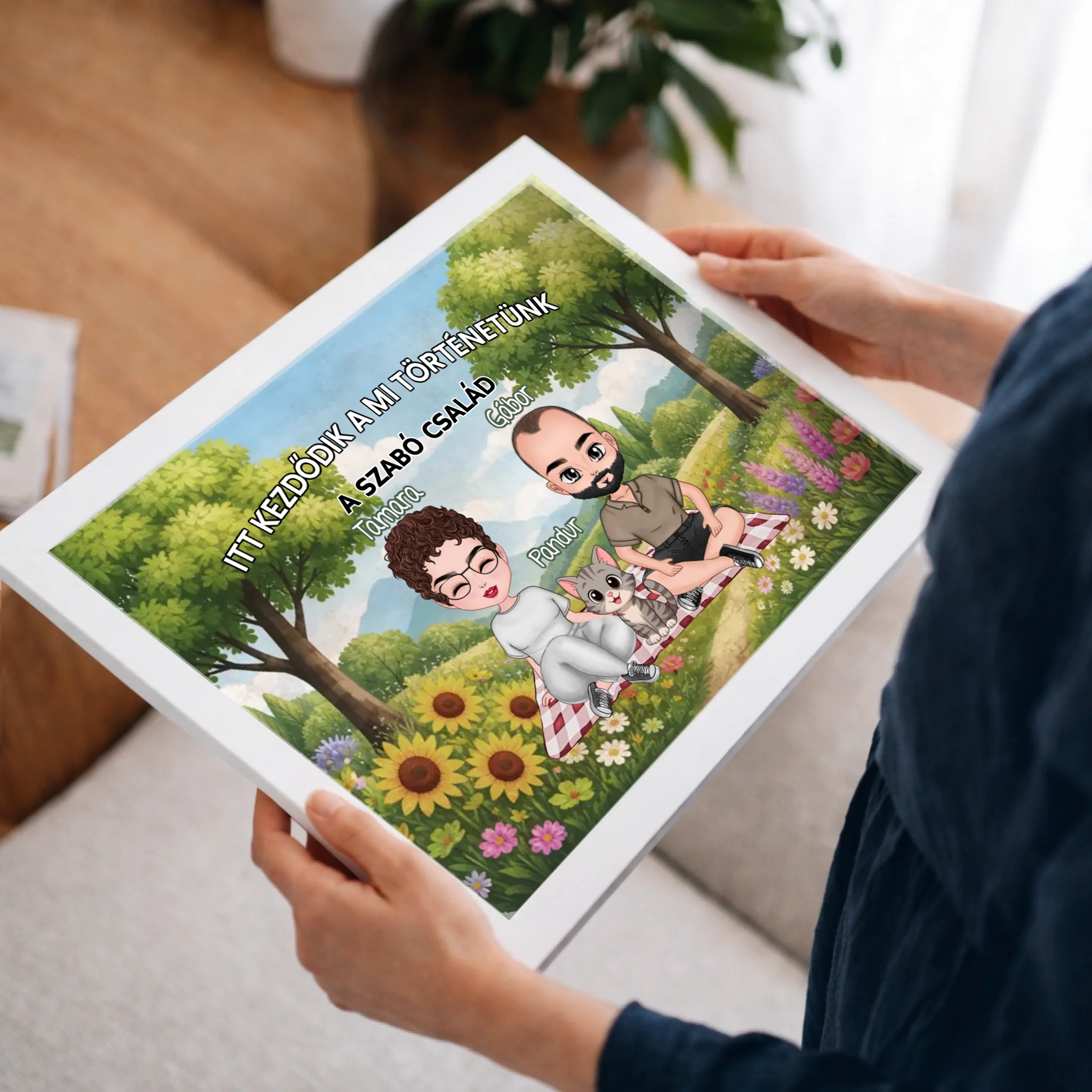 Személyre szabható cuki karakteres falikép pároknak akár 4 kisálattal