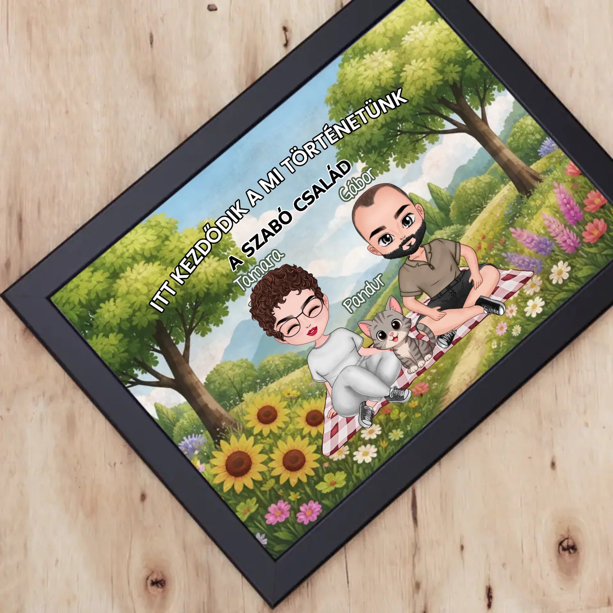 Személyre szabható cuki karakteres falikép pároknak akár 4 kisálattal