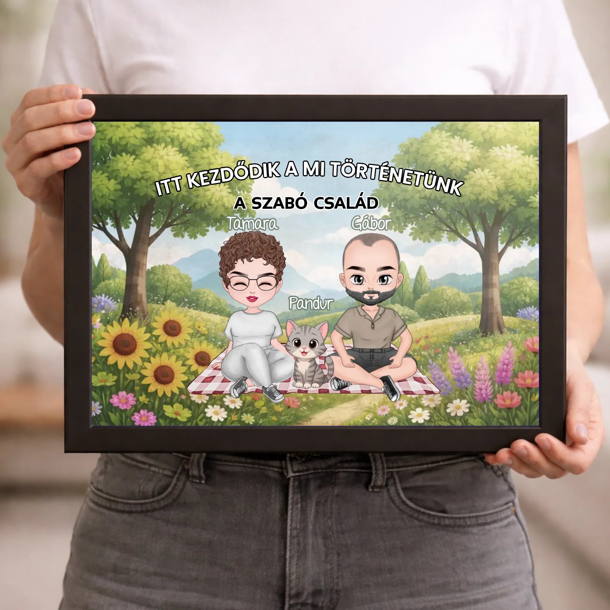 Személyre szabható cuki karakteres falikép pároknak akár 4 kisálattal