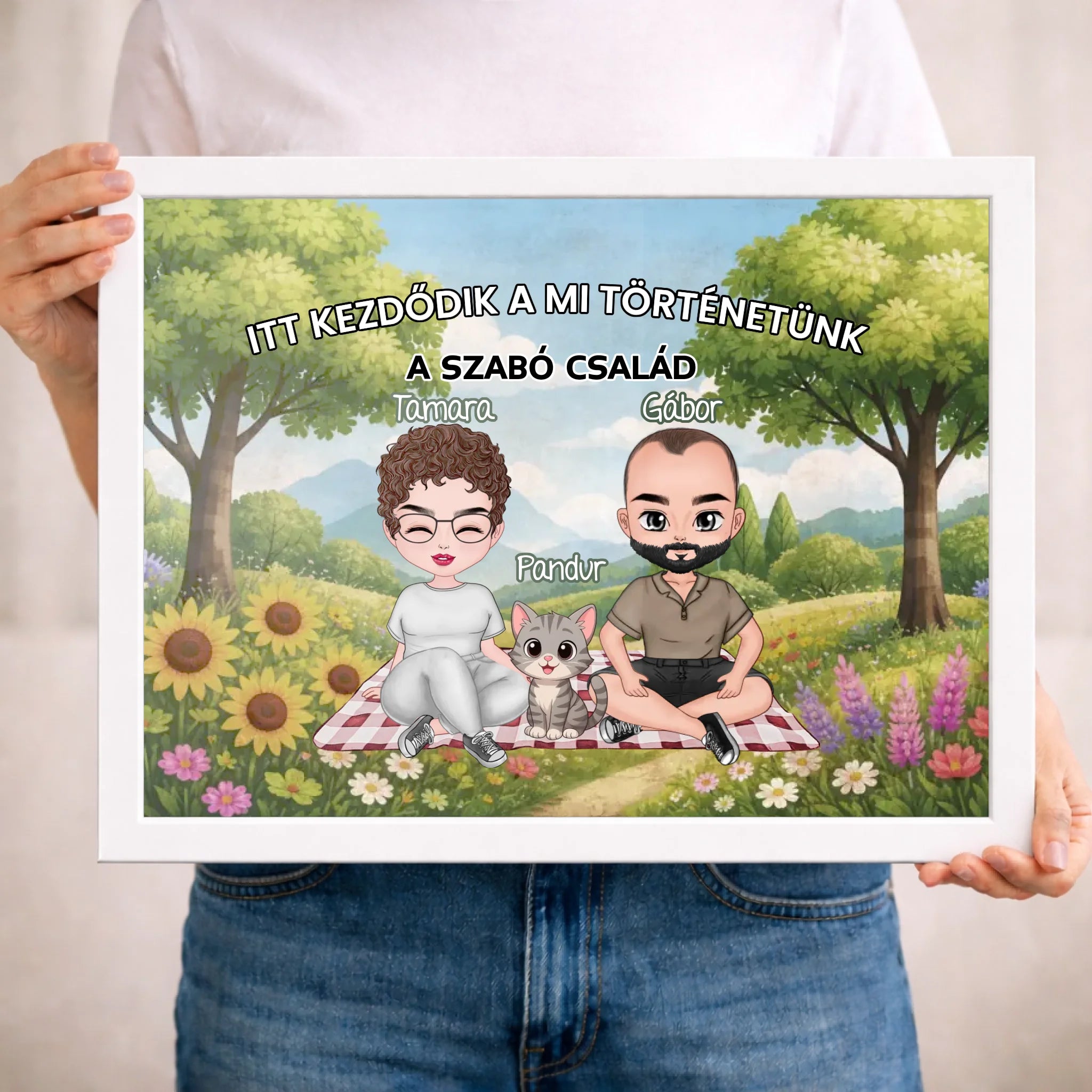 Személyre szabható cuki karakteres falikép pároknak akár 4 kisálattal