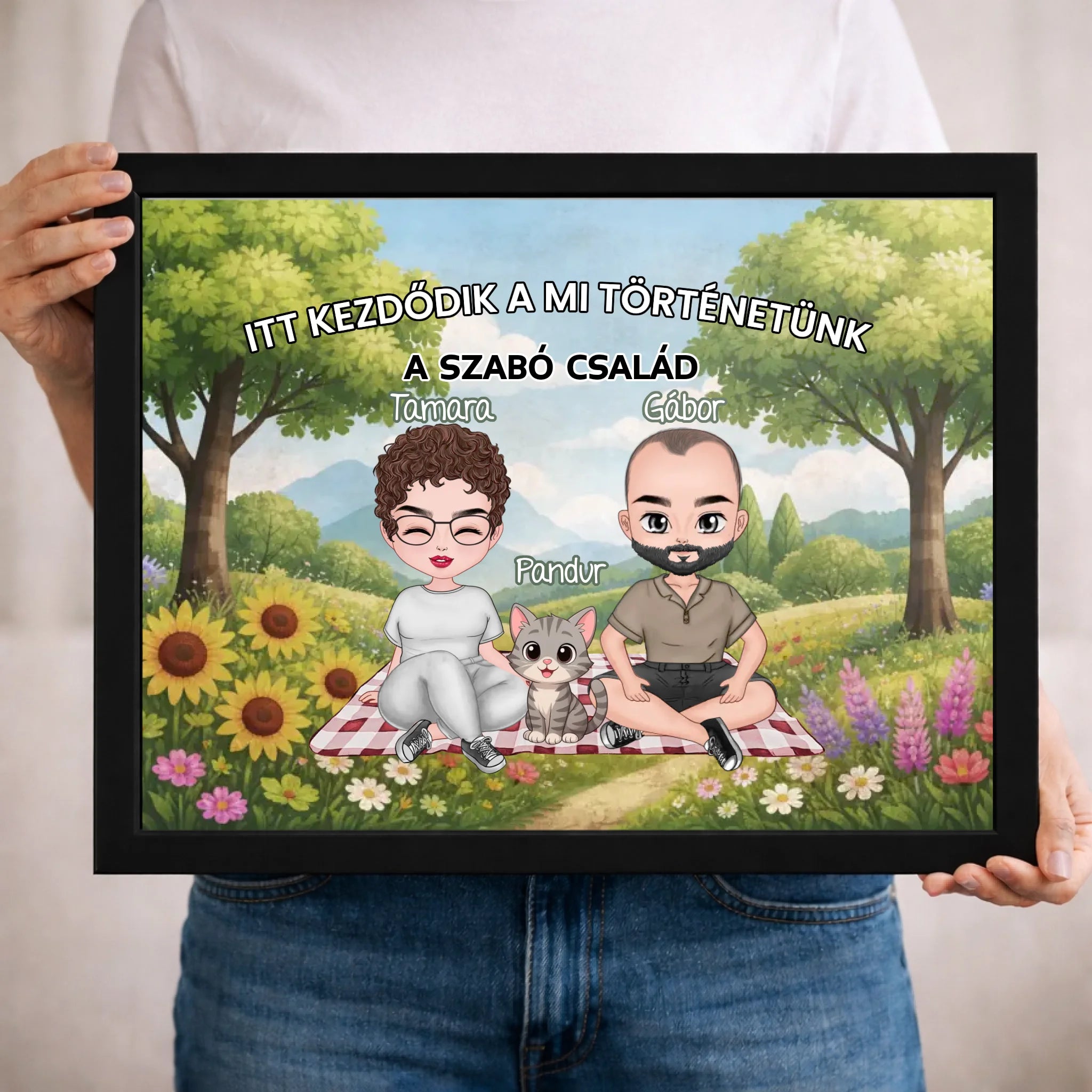 Személyre szabható cuki karakteres falikép pároknak akár 4 kisálattal