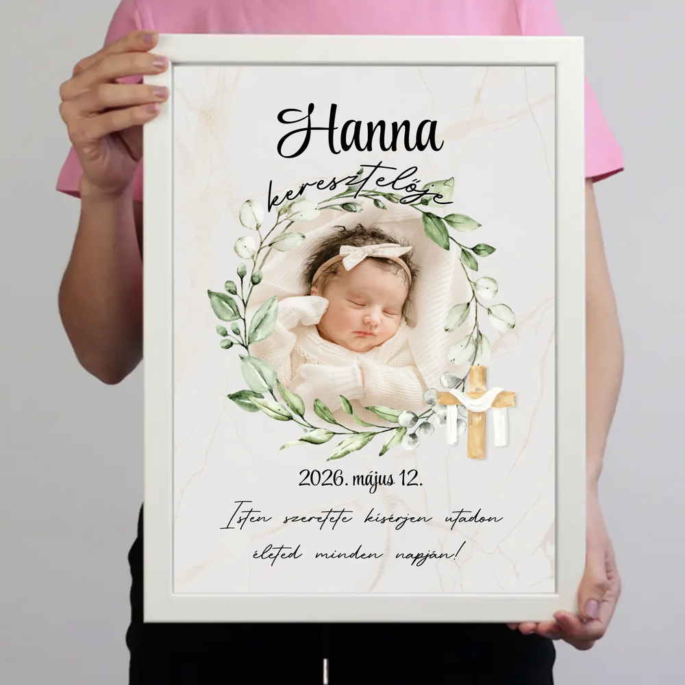 Személyre szabható keresztelői falikép - fotóval és névvel