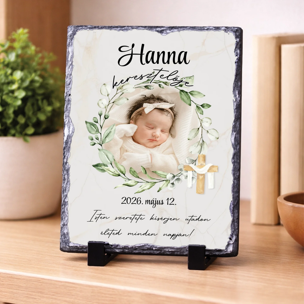Személyre szabható keresztelői gránitlap - fotóval és névvel