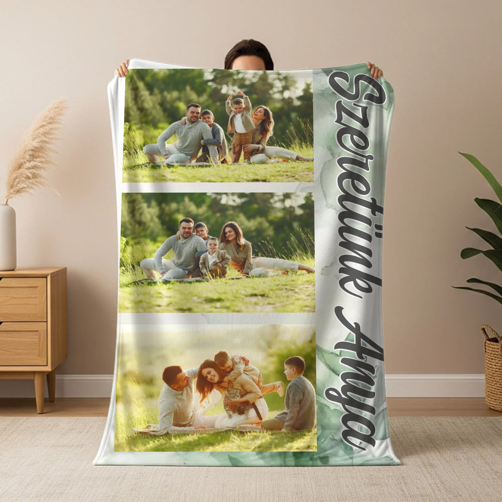 Szerkeszthető 3 fényképes pléd felirattal