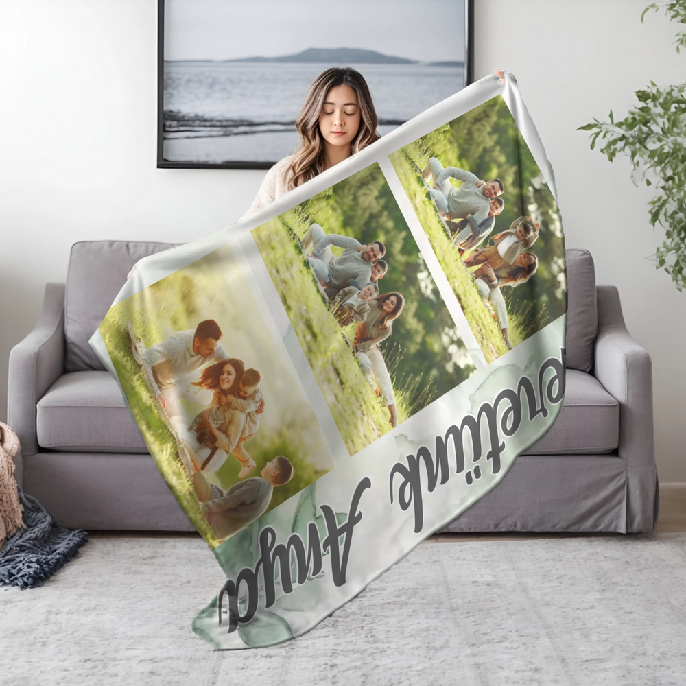 Szerkeszthető 3 fényképes pléd felirattal