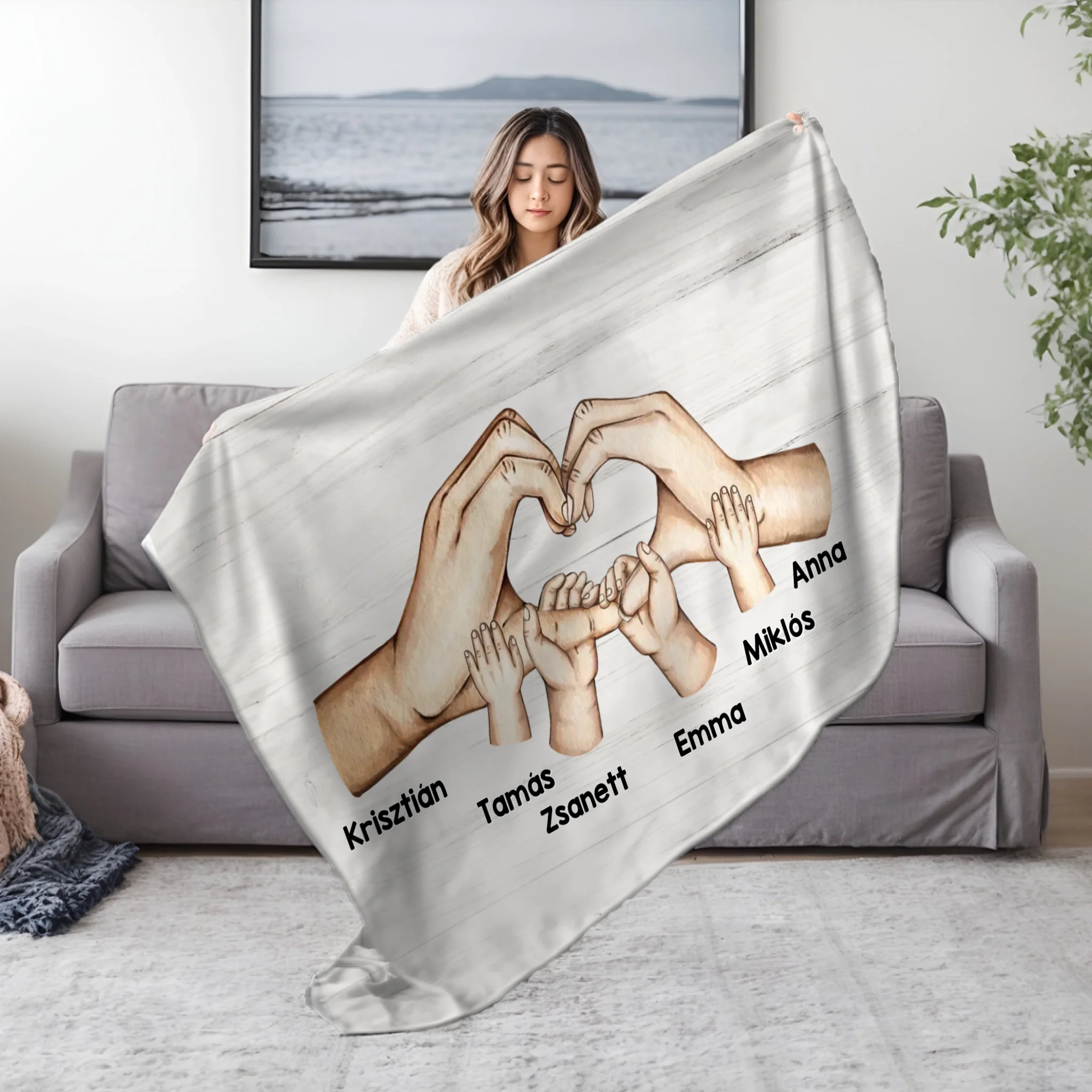 Személyre szabható takaró - egyedi családi ajándék kezekkel és nevekkel