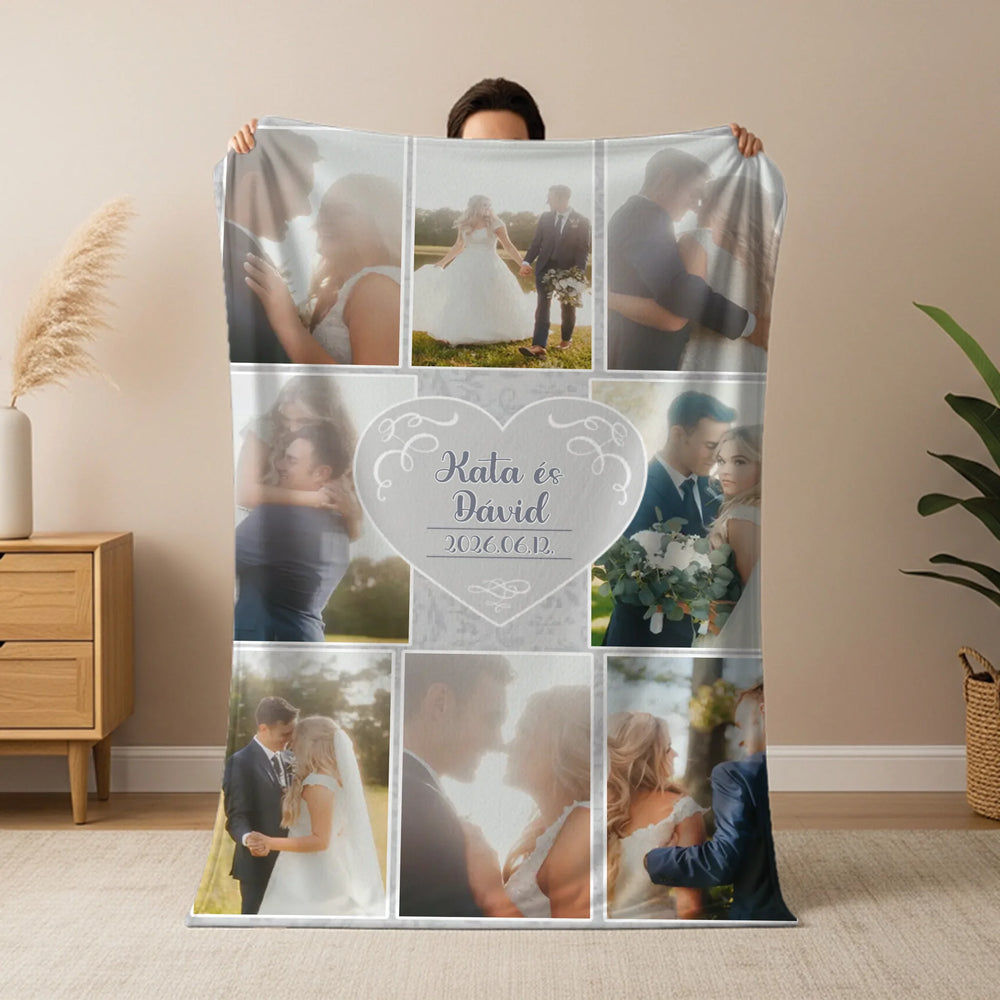 Egyedi 8 fényképes esküvői pléd névvel és dátummal