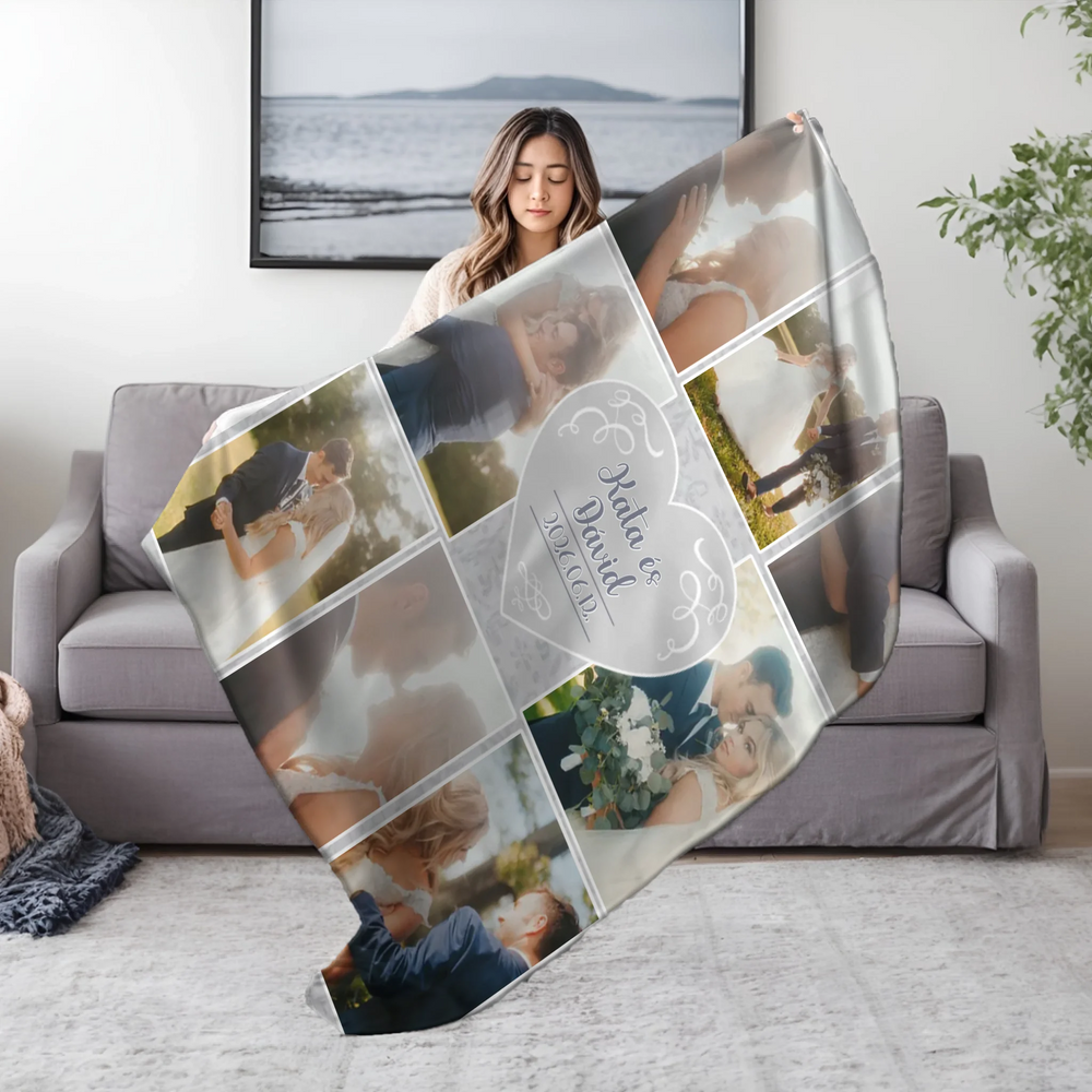 Egyedi 8 fényképes esküvői pléd névvel és dátummal