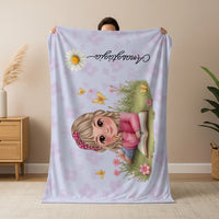 Személyre szabható takaró - cuki karakteres pléd lányoknak saját névvel és virrággal