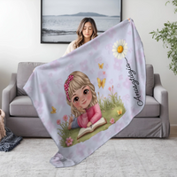 Személyre szabható takaró - cuki karakteres pléd lányoknak saját névvel és virrággal