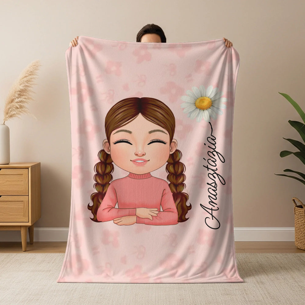 Személyre szabható pléd saját cuki karakterrel, névvel és virággal