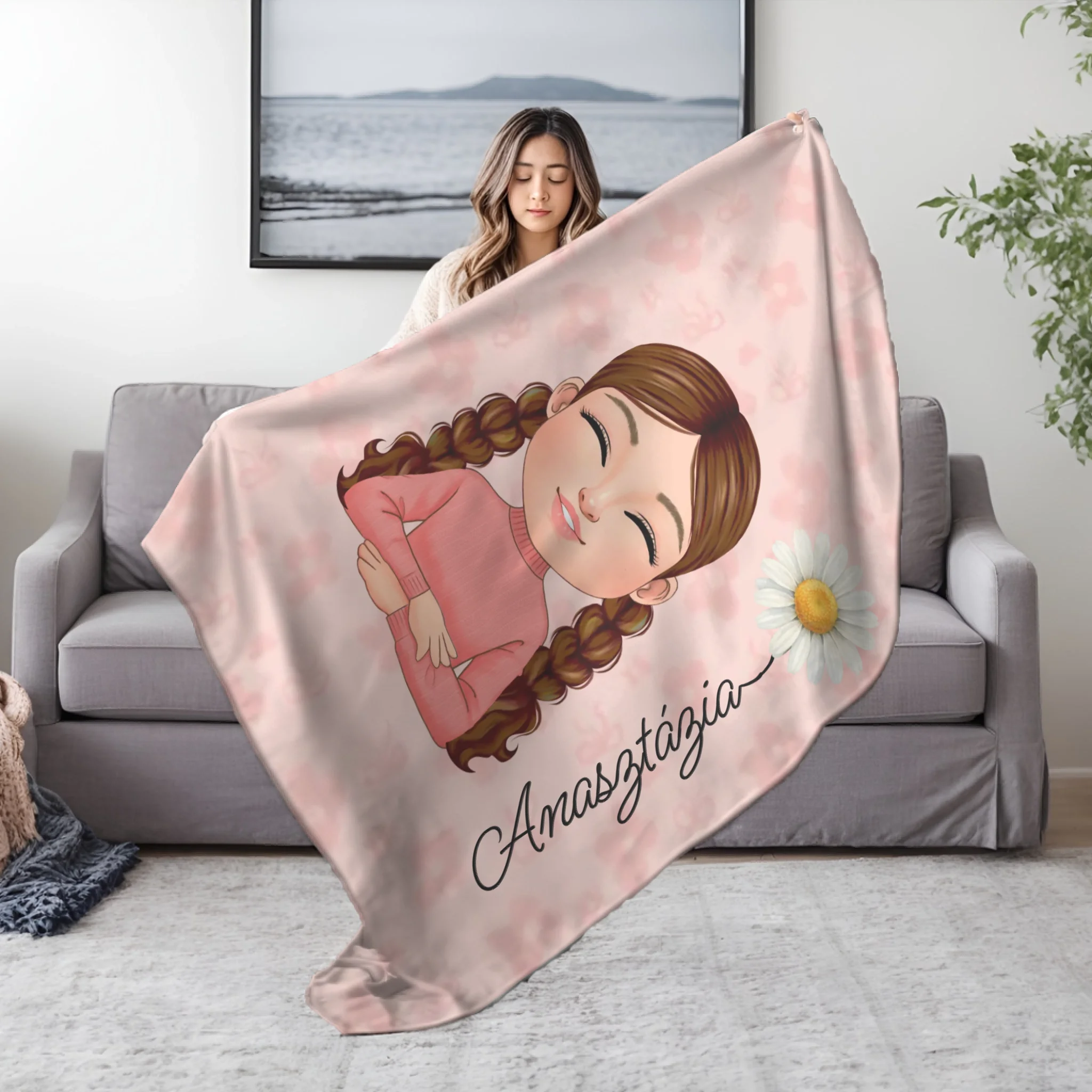 Személyre szabható pléd saját cuki karakterrel, névvel és virággal