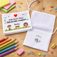 Ballagási tarisznya szerkeszthető csoport névvel és felirattal