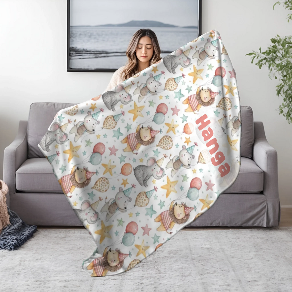 Szülinapi pléd gyerekeknek - állatos mintával, egyedi névvel