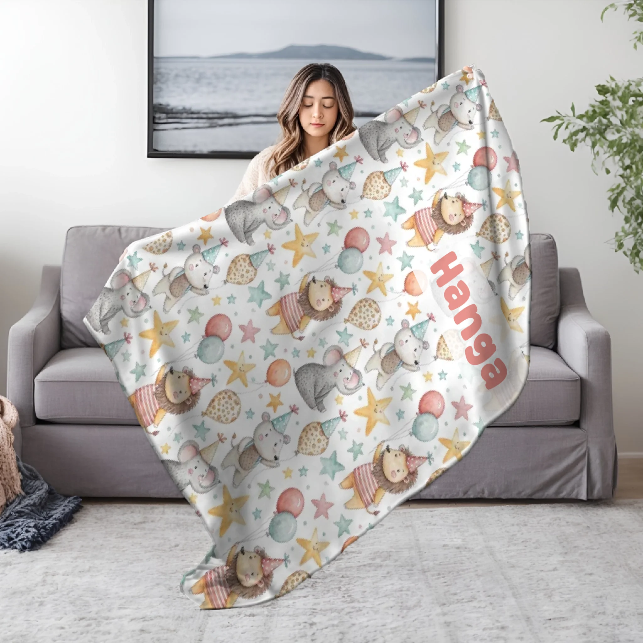 Szülinapi pléd gyerekeknek - állatos mintával, egyedi névvel