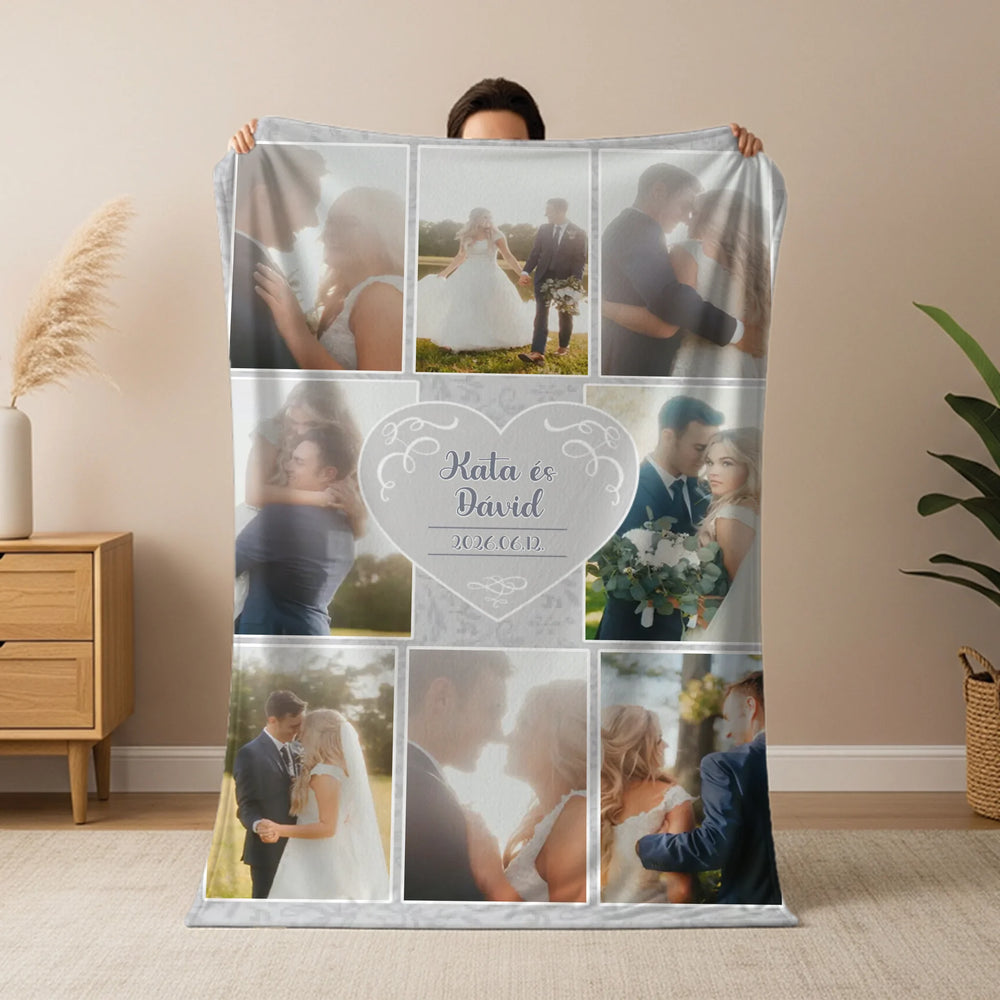 Egyedi 8 fényképes esküvői pléd névvel és dátummal