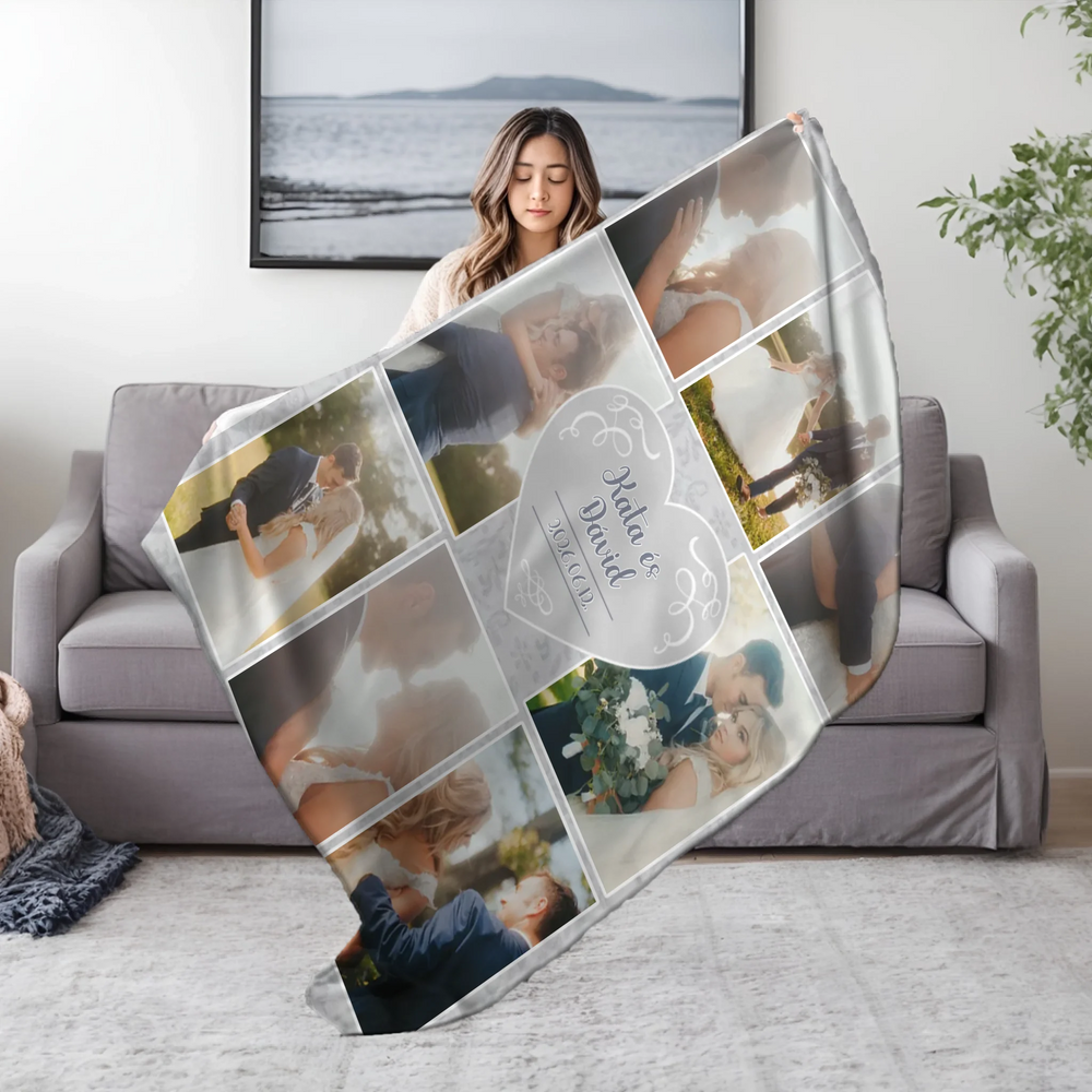 Egyedi 8 fényképes esküvői pléd névvel és dátummal