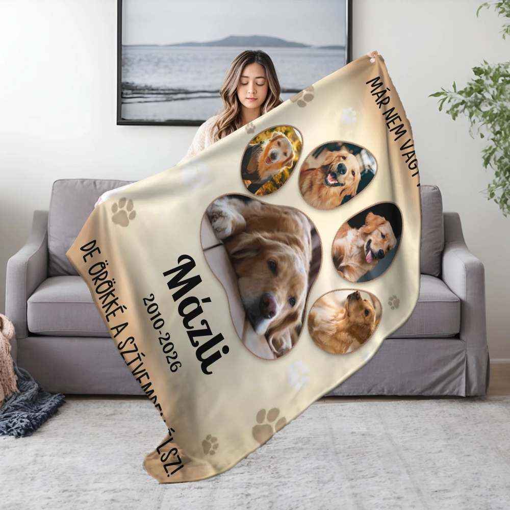 Egyedi fényképes pléd kisállat emlékére - névvel és évszámmal