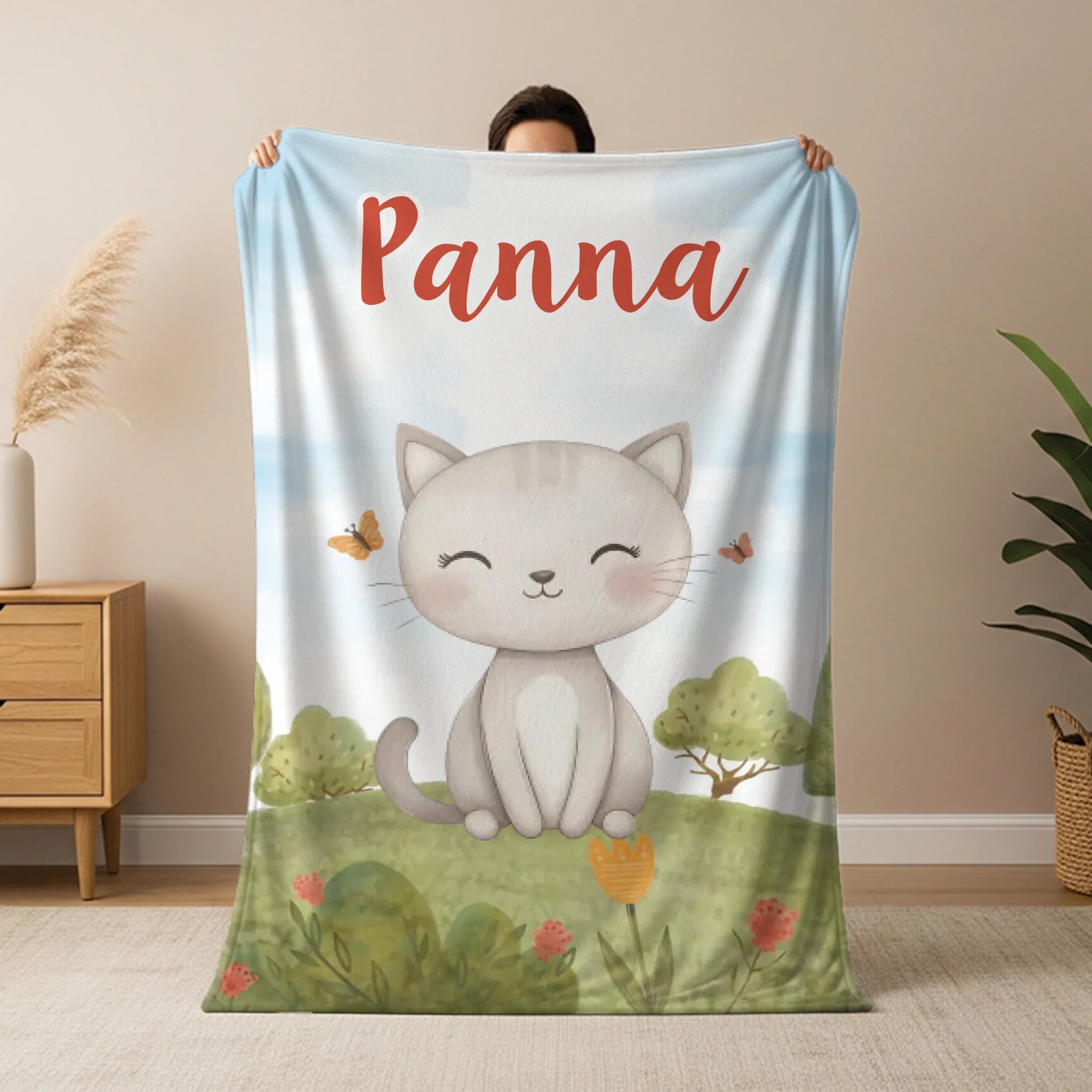 Névreszóló gyerek takaró - egyedi neves állatmintás pléd választható állatokkal és háttérel